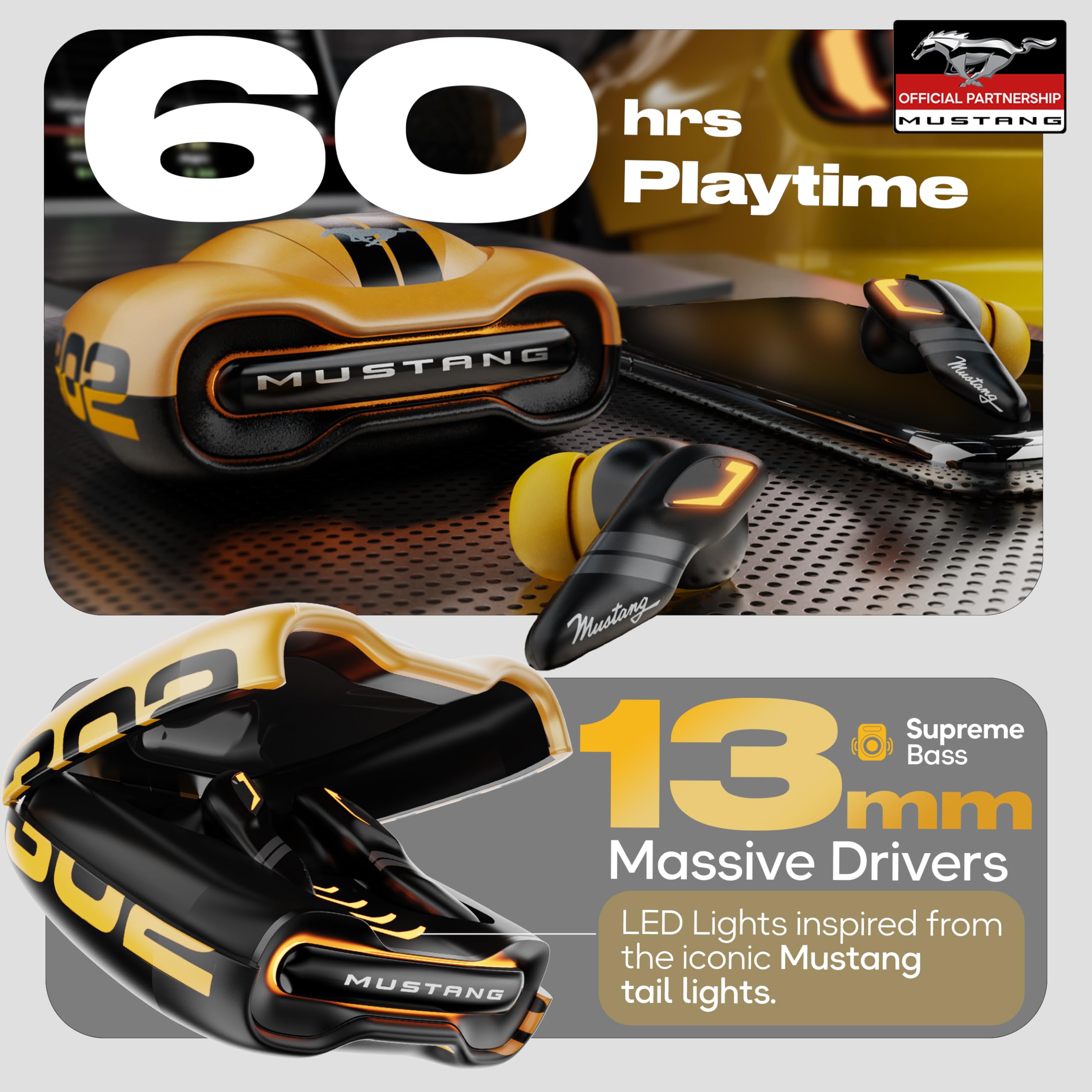 GOBOULT x Mustang Torq Wireless in Ear Earbuds with 60H Playtime, App Support, Quad Mic ENC, 45ms Low Latency, 13mm Driver, Breathing LEDs, Made in India Ear Buds Wireless (Yellow) image 3