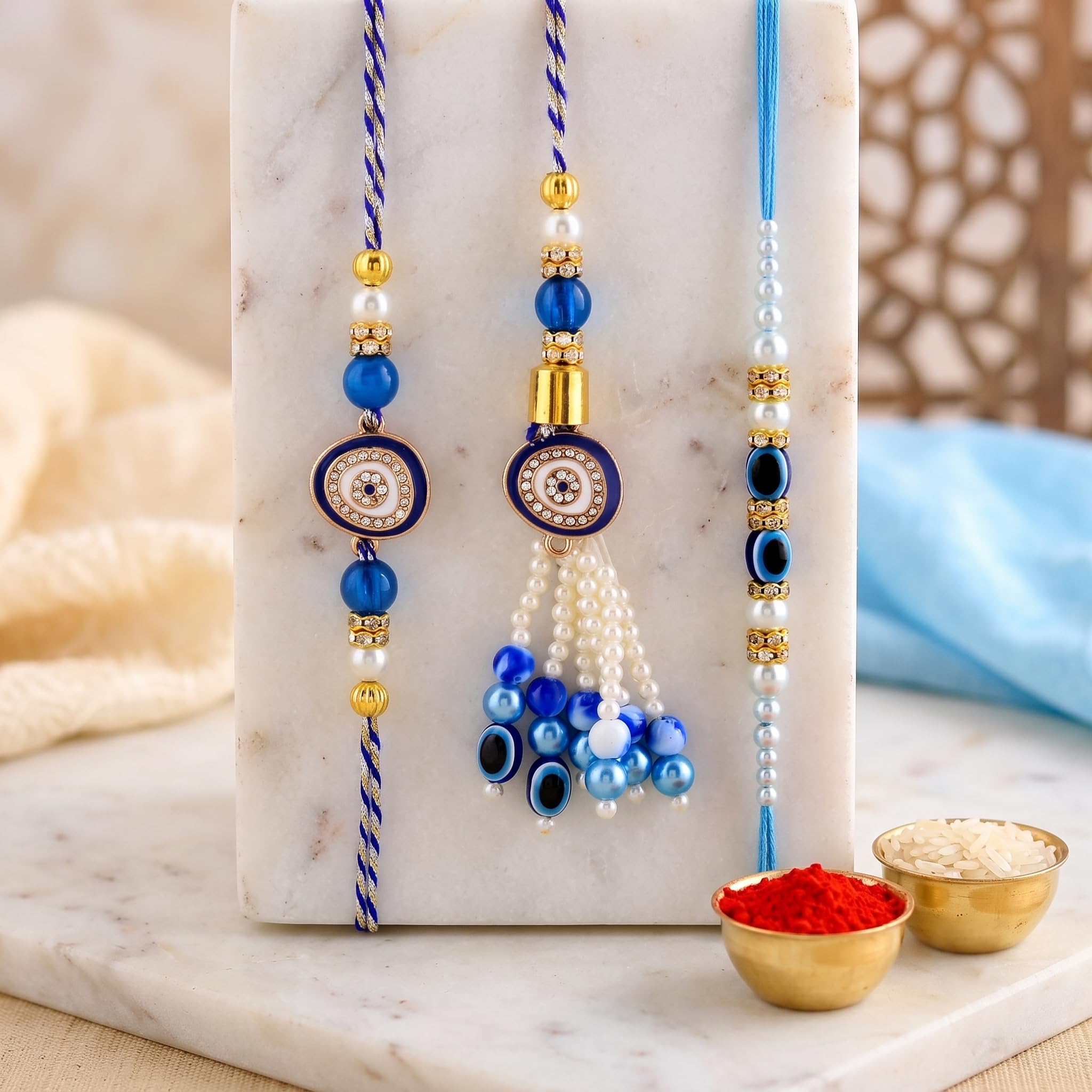 CraftVatika Magnet with Evil Eye Rakhi for Brother Bhabhi Kids, Rakhi Set of 3 for Bhaiya Bhabhi Kids, Rakhi for Men Women, Evil Eye Lumba, Rakhi with Magnet Gift, Fridge Magnet for Fridge Door Decor image 4