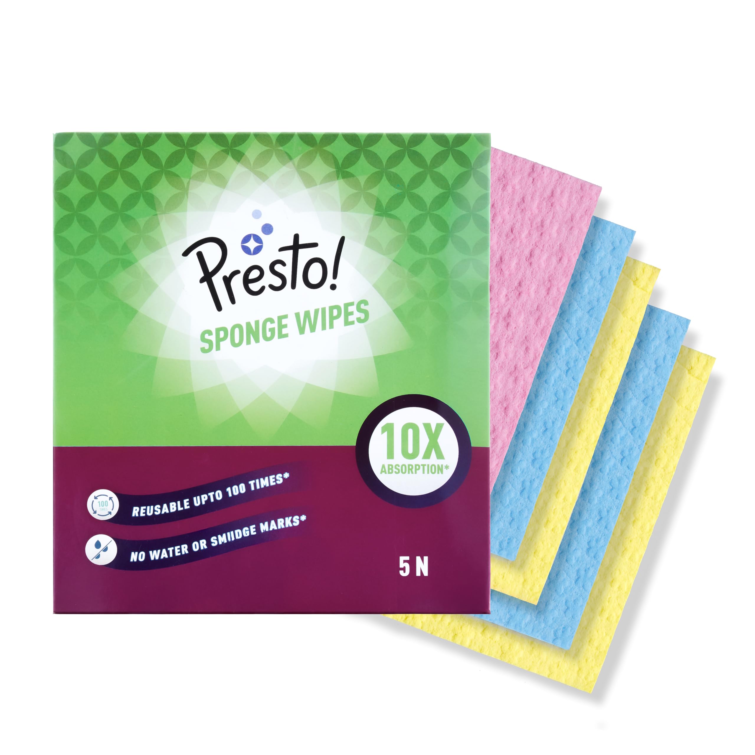 Amazon Brand - Presto! Premium Multi-Purpose Sponge Wipes | Assorted | 5 Count |(5 x Pack of 1)