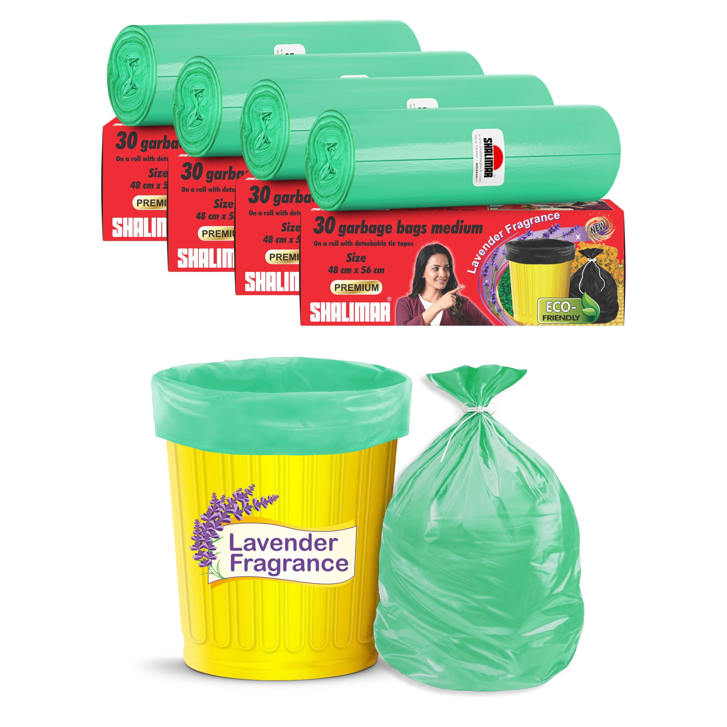 Shalimar Premium (Lavender Fragrance) Scented Garbage Bags | Medium 19 X 21 Inches | 120 Bags (30 Bags X 4 Rolls) | Dustbin Bag/Trash Bag | (Green) - Perforated Box for Easy Dispensing