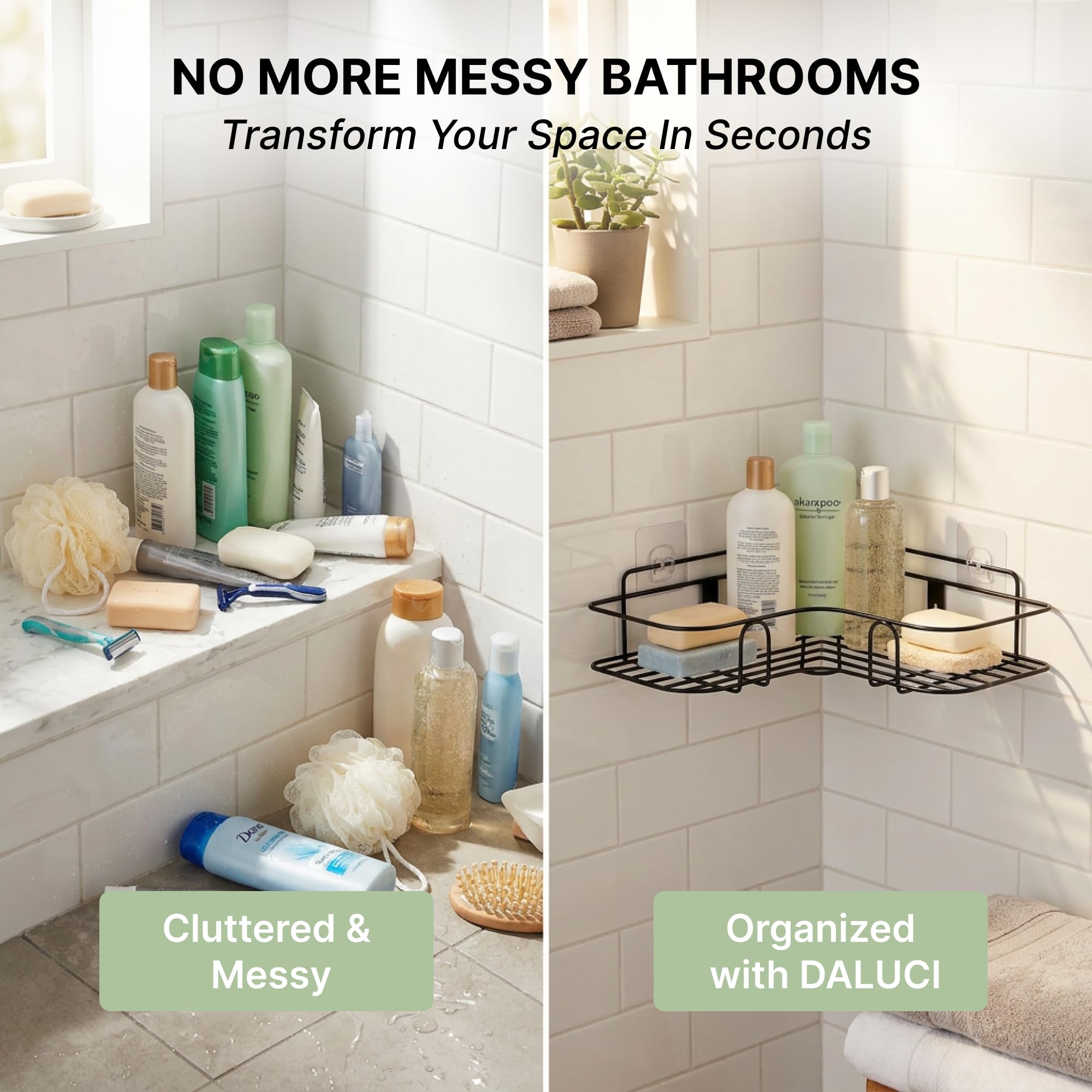DALUCI Set of 2 Metal Bathroom Corner Shelf Rack | No Drilling Self Adhesive Wall Mounted Storage Organizer for Bathroom & Kitchen | Rustproof Bathroom Shelves (8 & 9 INCH, Black) image 2