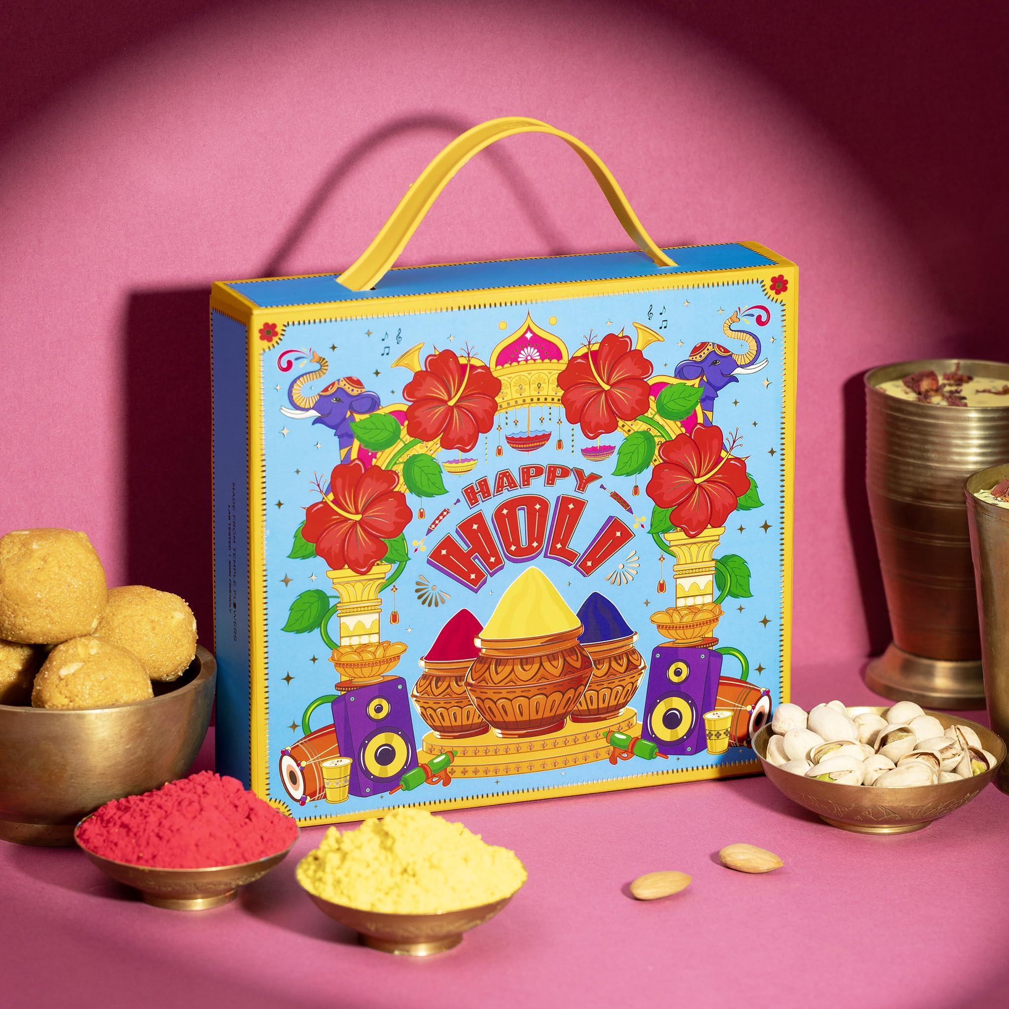 Phool 4 Pack Holi Colour- Party Pack, Pink Blue Green Yellow, | 300 GMS gulal | Herbal and Organic Color | Skin Safe Certificate | Gulal for Kids & Family with Interactive Greeting Card image 5