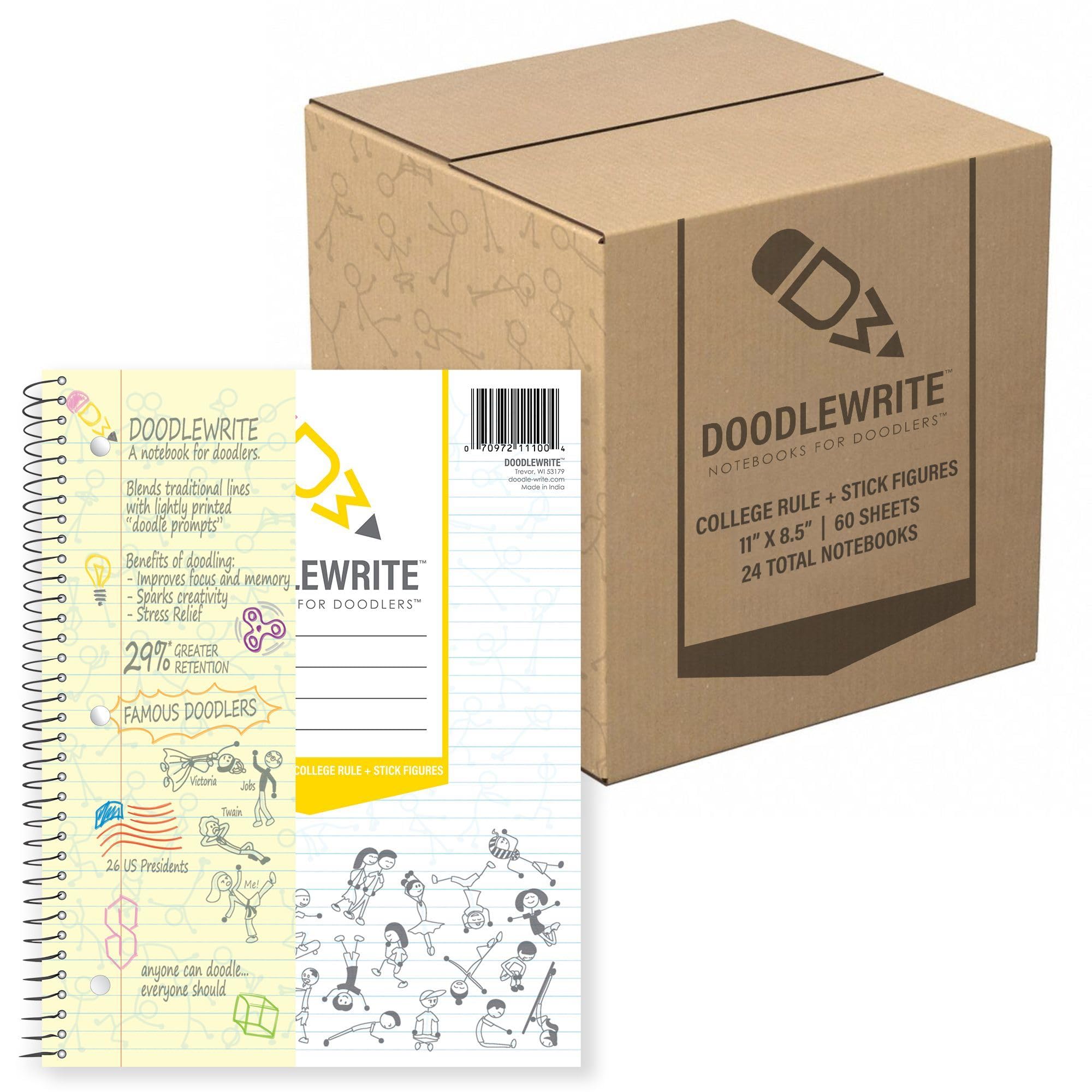 DoodleWrite College Ruled Wirebound Spiral Notebook, Includes Doodle Prompts to Keep Focus, Spark Creativity/Imagination, Relieve Stress, 11