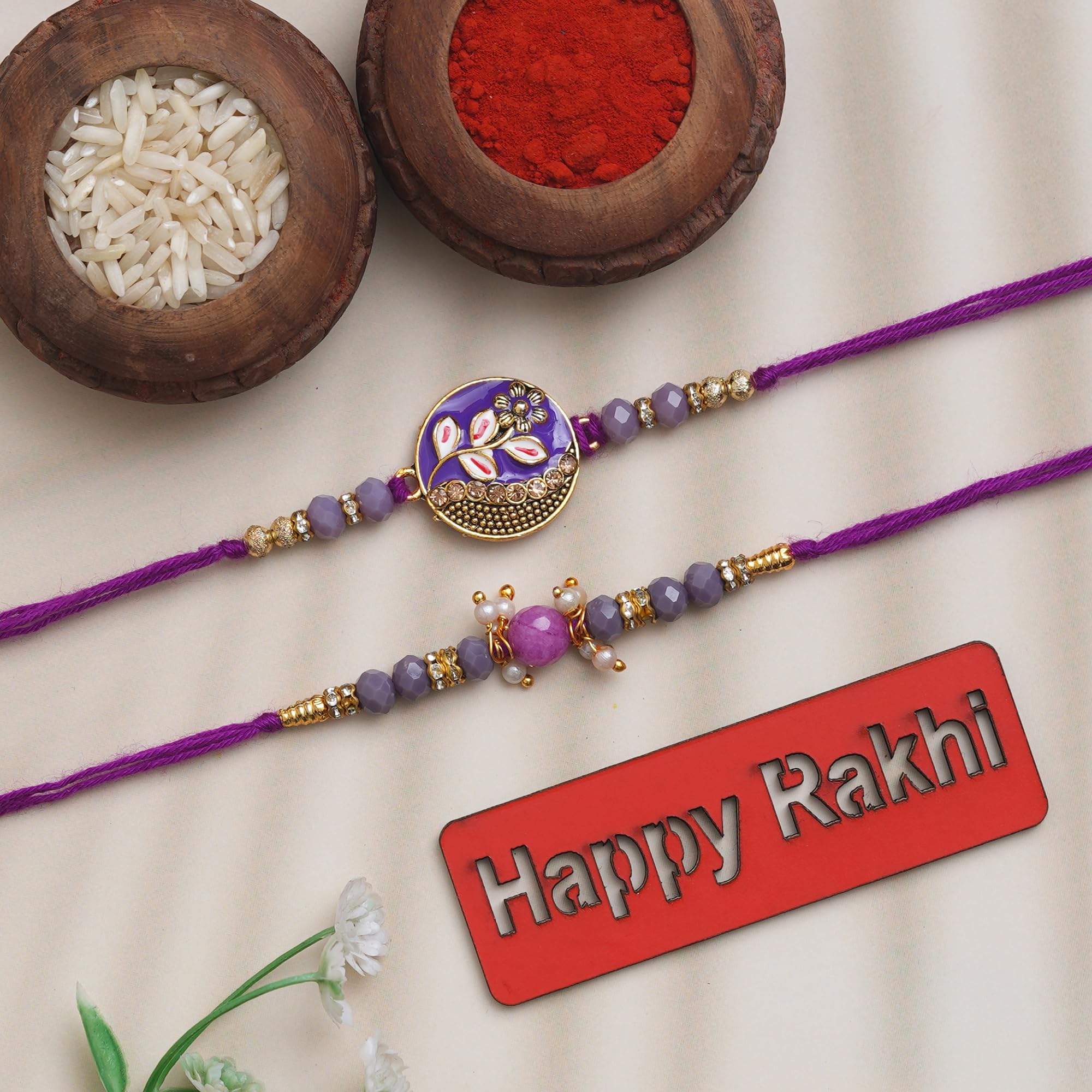 eCraftIndia Set of 2 Purple Floral & Pearl Designer Rakhis with Roli Chawal Pack and Best Bro Ever Fridge Magnet image 4