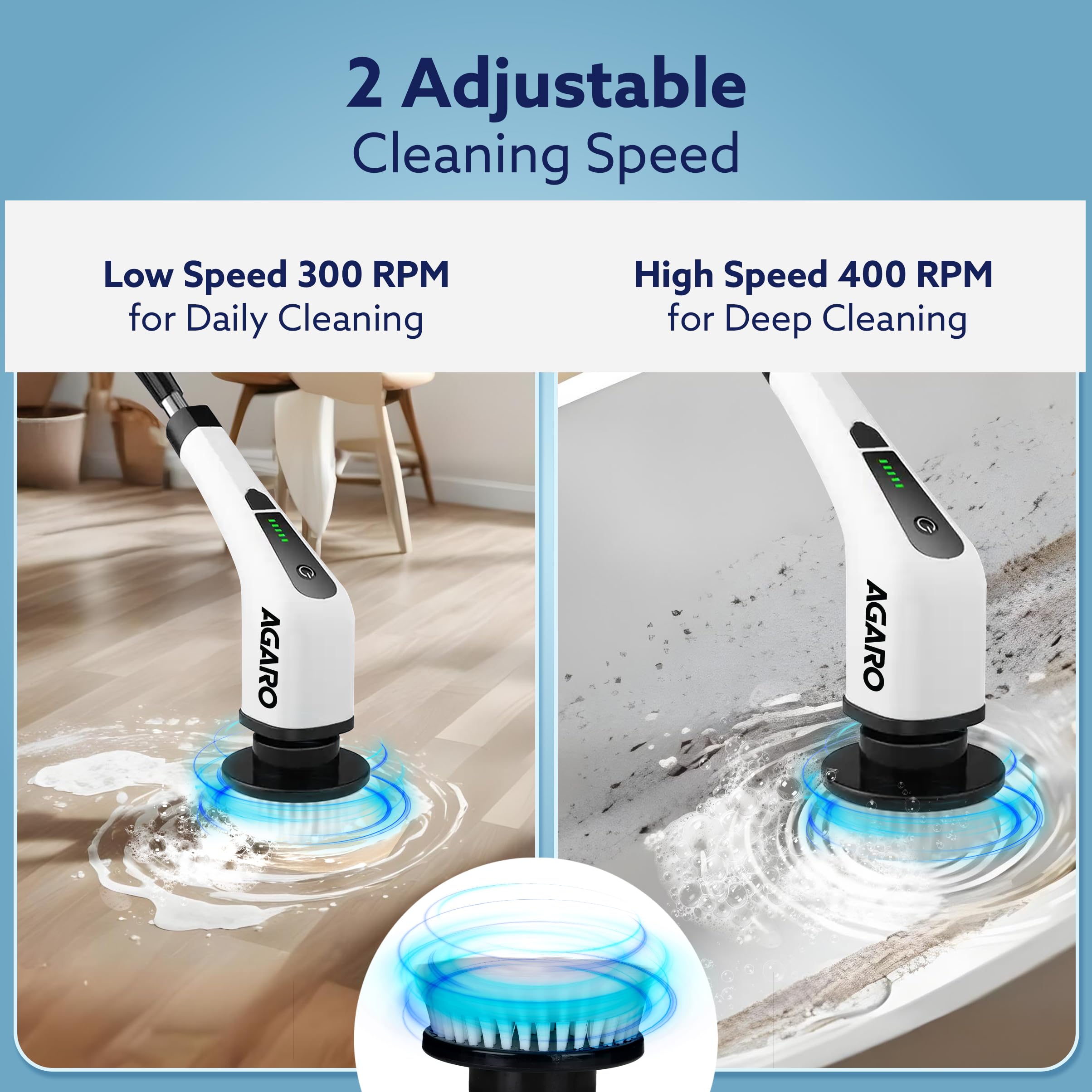 AGARO Royal Electric Spin Scrubber, Cleaning Brush Scrubber for Home, 400RPM/Min, 8 Replaceable Brush Heads, 90 Min Work Time, 3 Adjustable Size, 2 Adjustable Speeds, for Bathroom, Floor Tiles, White image 2