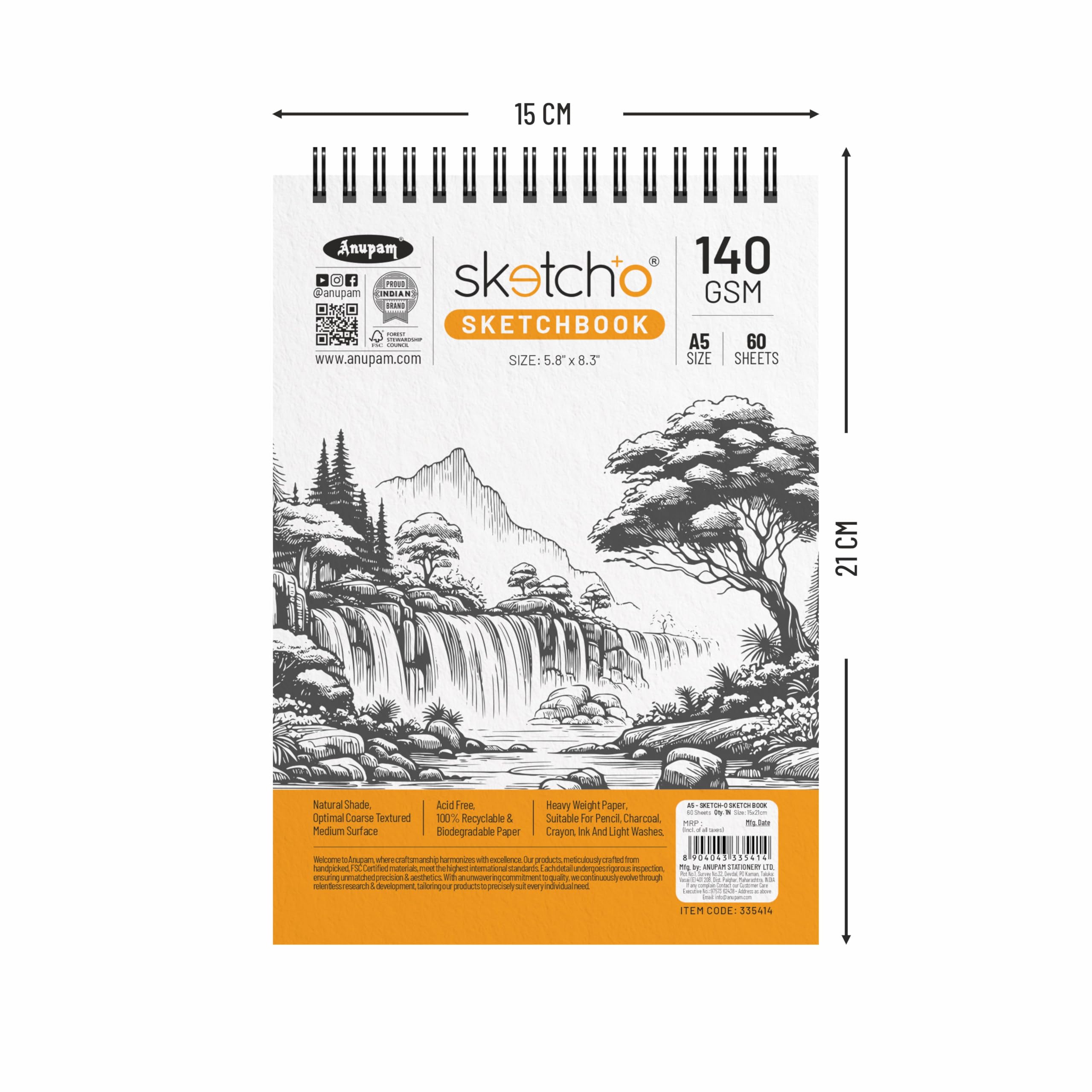 Anupam Sketch-O Sketchbook A5 | 60 Sheet 120 Pages | 140GSM | Durable Acid Free Drawing Paper |Top Spiral-Bound Sketchpad for Artists Kids & Professionals for Marker Colored Pencil Charcoal image 2