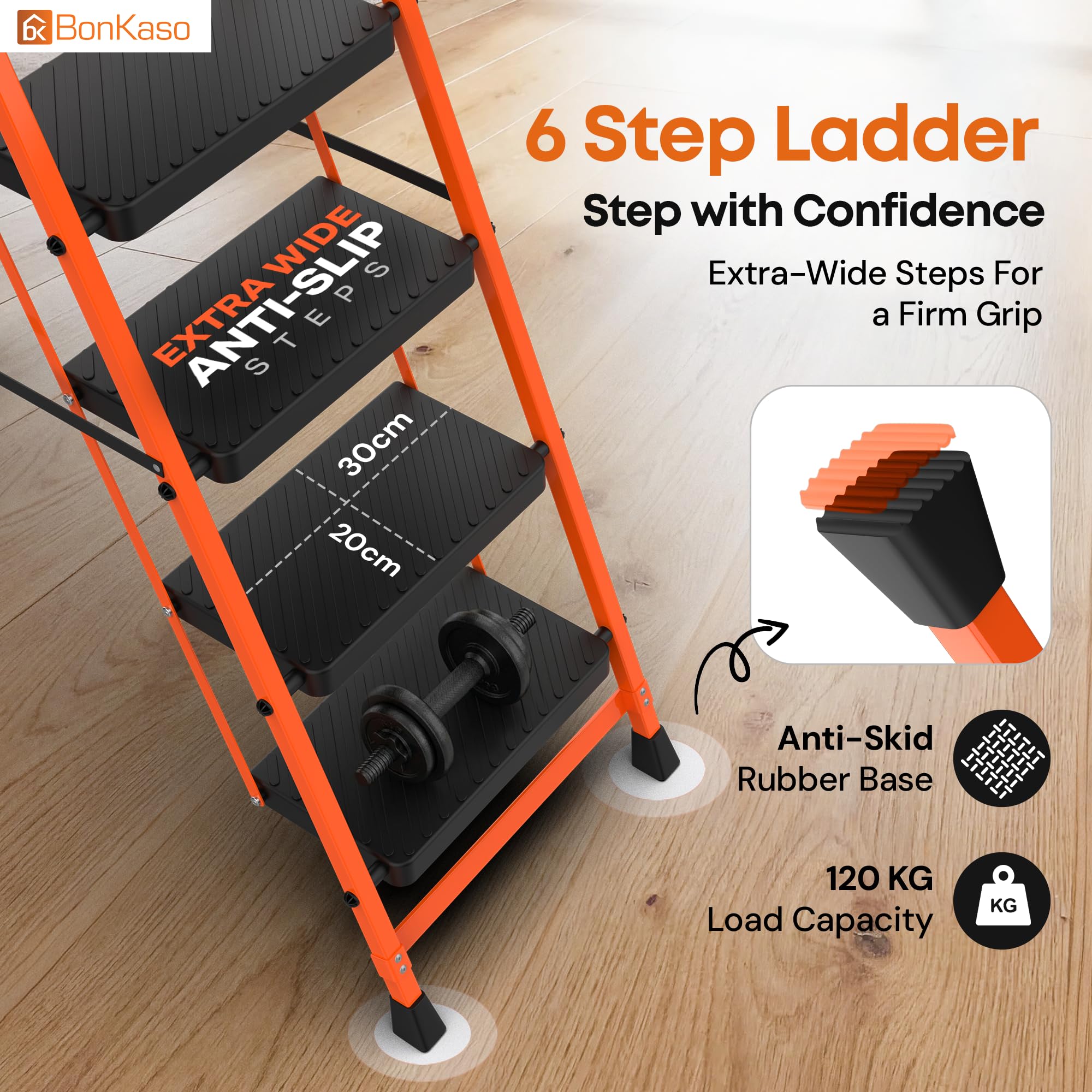 BonKaso Climb Easy 6 Step Heavy Duty Foldable Steel Kitchen Ladder for Home, Office & Outdoor Use with Anti-Slip Wide Durable Plastic Steps, Support Handle & Tool Tray (Orange & Black) image 2