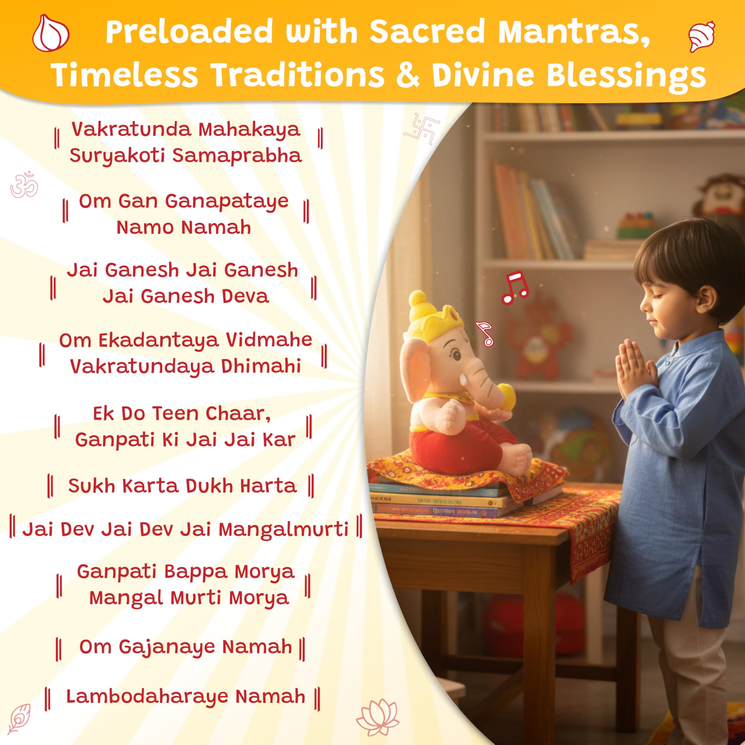 WonderBuddy Divine Mantra Chanting Baby Ganesha with 10 Preloaded Mantras & Aartis, Musical Soft Plush Toy, Best Gift for Infants, Toddlers & Kids (Medium - 25 Cm) image 3