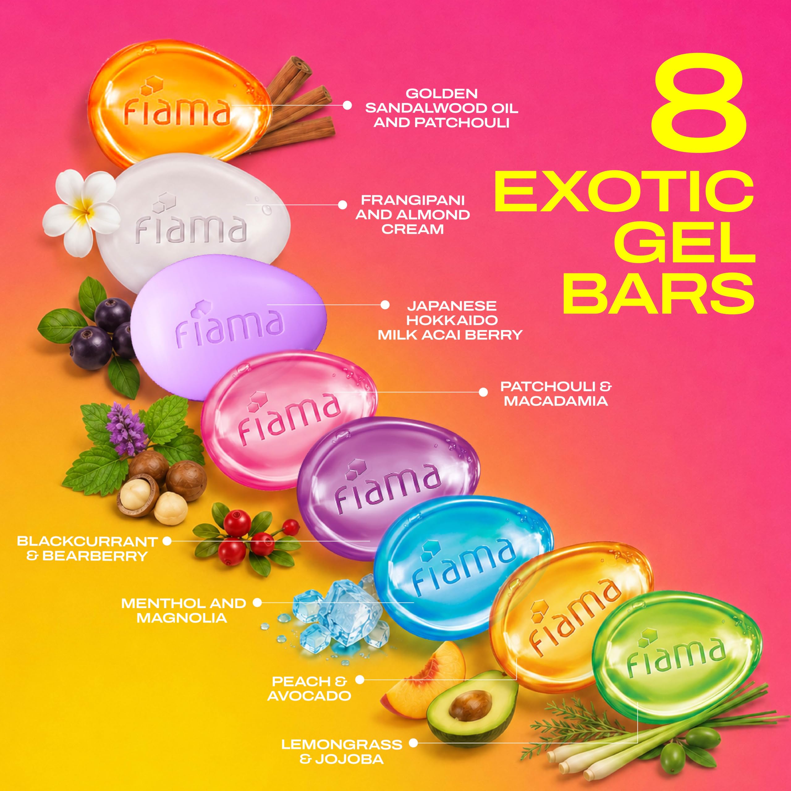 Fiama Gel Bar Mega Celebration Pack 1kg (125g Pack of 8) | 8 Unique Soap Variants | Moisturised Skin with 30% Smoothing Body Serum | Bathing Soap Gift Set for Women & Men | All Skin Types image 2