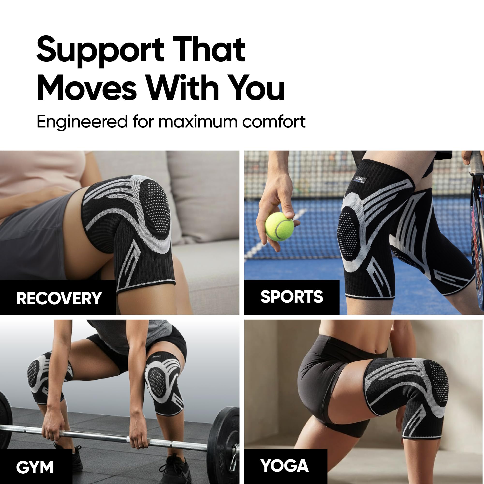 Frido Active Knee Cap Support for Men & Women | Active Compression for Pain Relief & Joint Support | Knee Sleeve for Gym, Running, Jogging, Sports & Workout | Anti-Sweat Knee Brace (1 Pair) Black, Large image 5