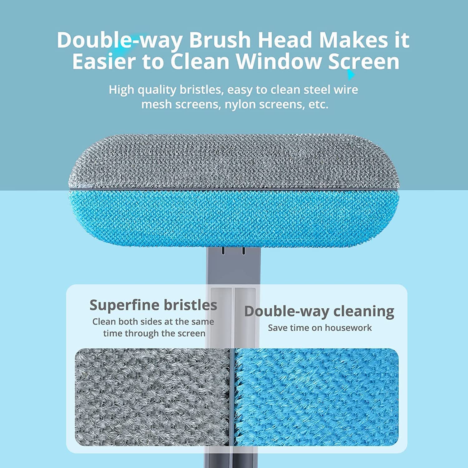 DODGE 'N WOLVES Multifunctional Plastic Screen Brush 4 in 1 with Extended Handle for Window and Mesh Cleaning, Double Sided Mosquito Net Cleaner Grey image 2