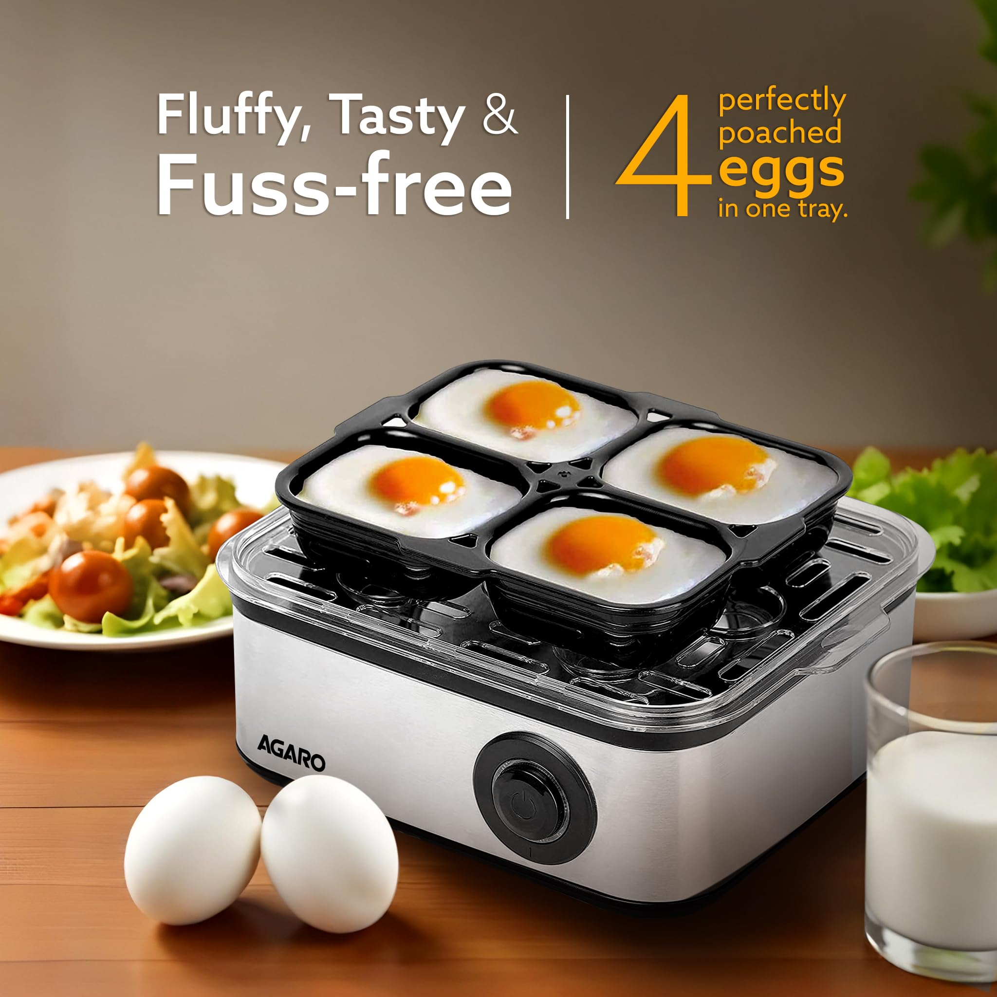 AGARO Grand Egg Boiler And Poacher, 2-in1 Boils 8 Eggs, Poach 4 Eggs, Steamed Vegetables, 3 Boiling Types, Stainless Steel Body, Transparent Lid, 500W, Silver image 4