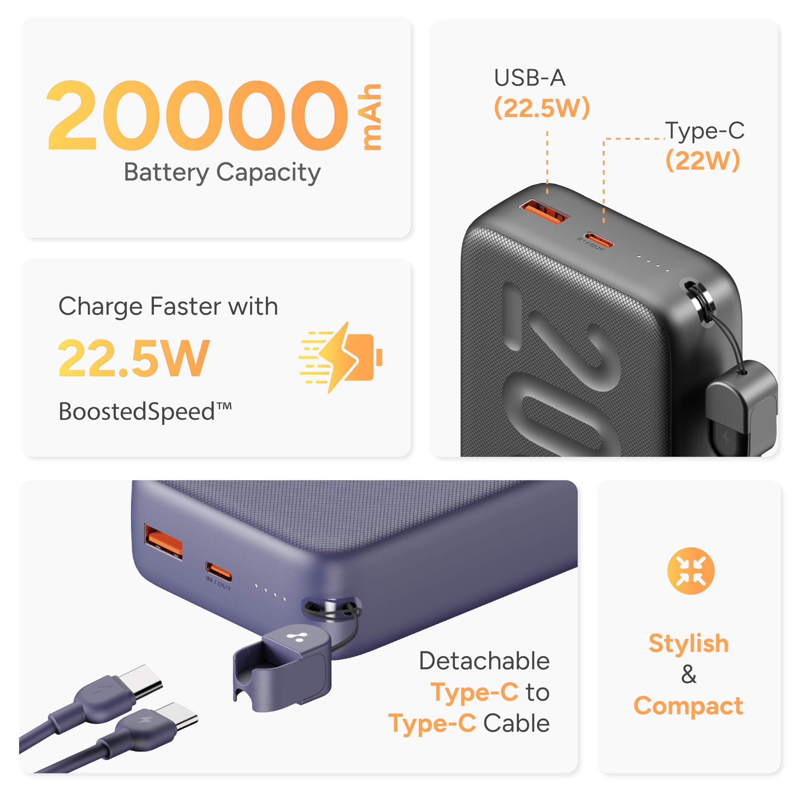 Ambrane 20000mAh Powerbank with in-Build Type C Cable, 22.5W Fast Charging, USB & Type C Output, Power Delivery, Quick Charge for iPhone, Android Mobile & Tablets, Earbuds, (Stylo N20, Black) image 2