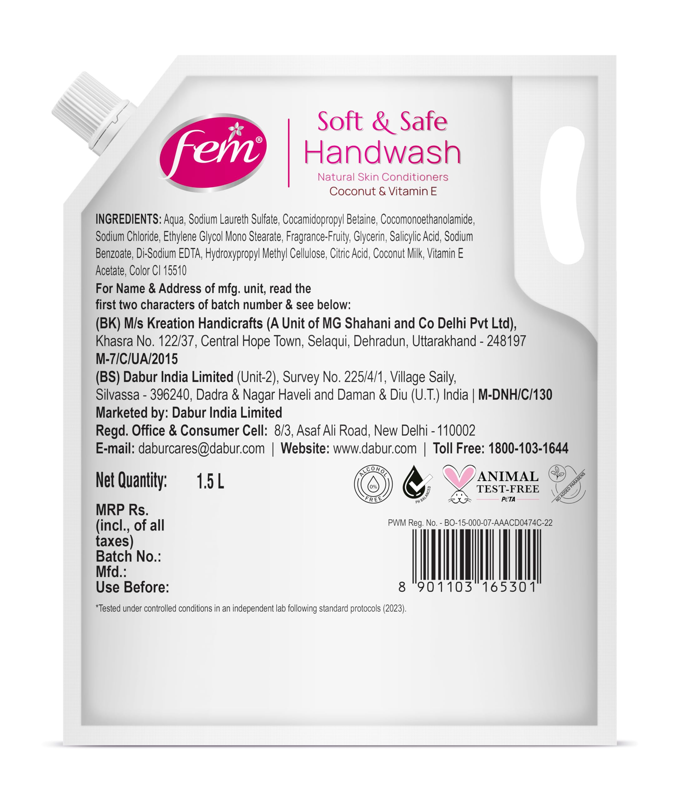 DABUR Fem Fruity Squash Soft & Safe Handwash - 1500Ml | Germ Protection | Enriched With Goodness Of Coconut Milk & Vitamin E | Long Lasting Fragrance image 5
