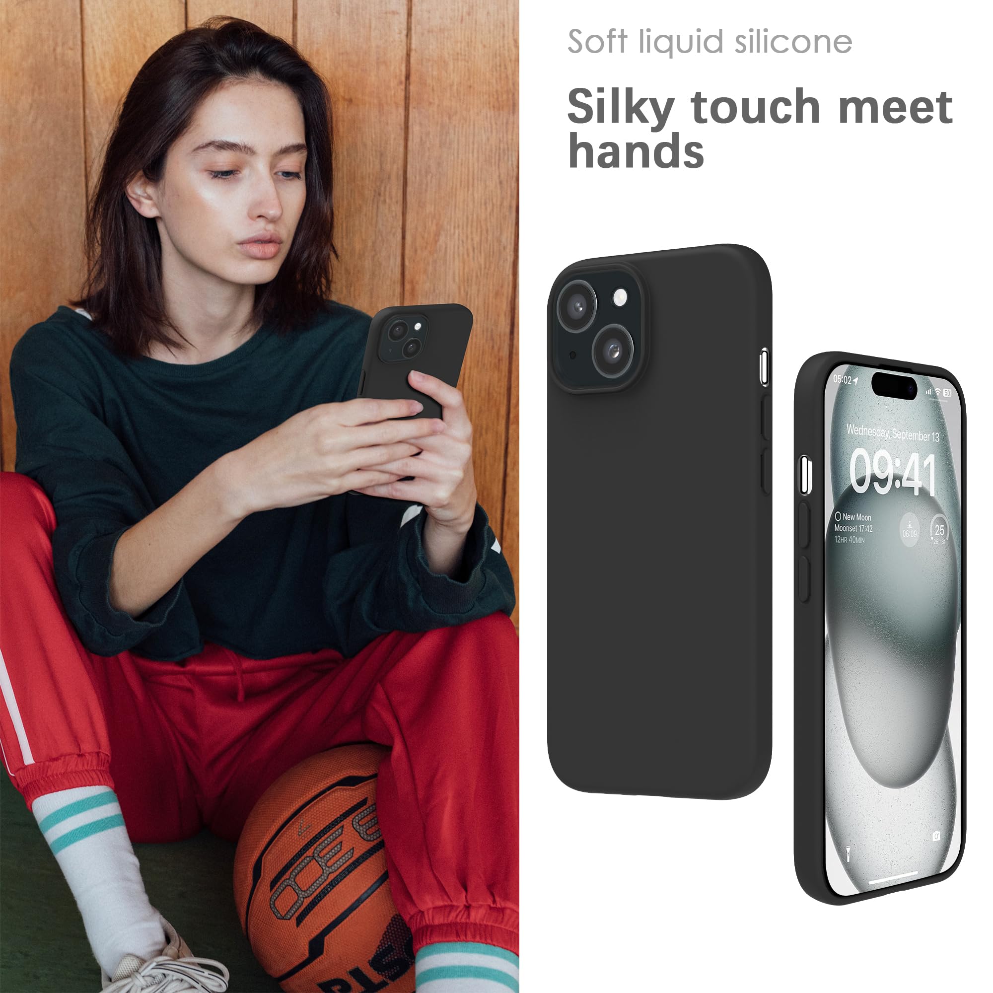 YATWIN Silicone Back Case for iPhone 15, Soft-Touch Phone Back Cover for Apple iPhone 15 - Black image 4