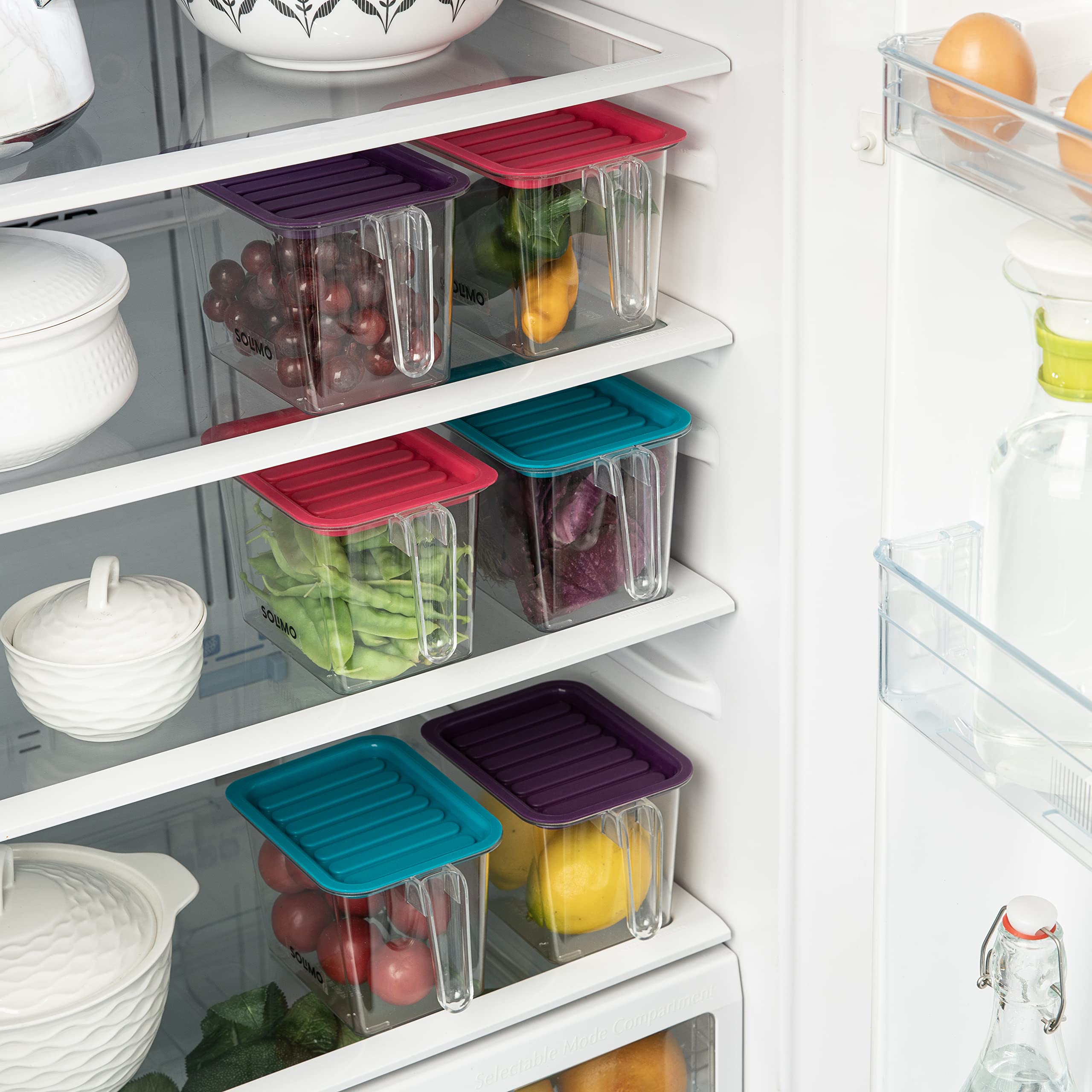 Amazon Brand - Solimo Plastic Multi-Purpose Fridge Storage Container with Handle & Lid I Fruit & Vegetable Basket I BPA Free I Food Grade| 1100 Ml Set of 6| Multicolor image 3