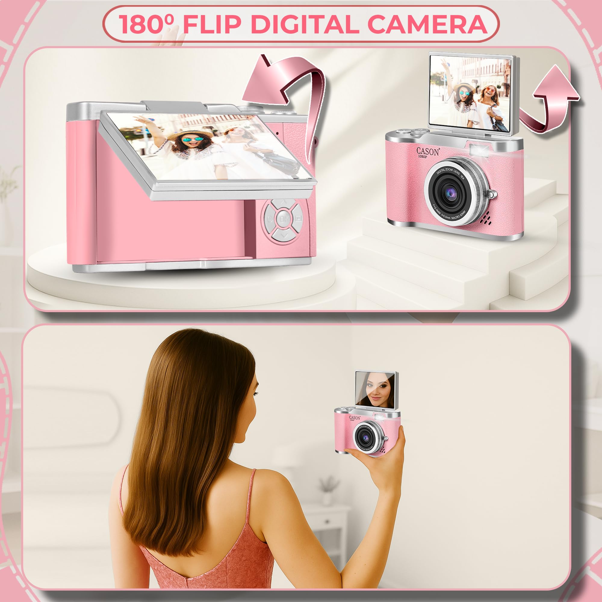Cason 48MP Digital Camera for Kids & Adults -Real Photo & Video Mini Camera for Photography 2.4” Rotating Screen, Built in Games Kids Cameras for 5-15 Years Girls & Boys with 8 GB Sd Card (Pink) image 4