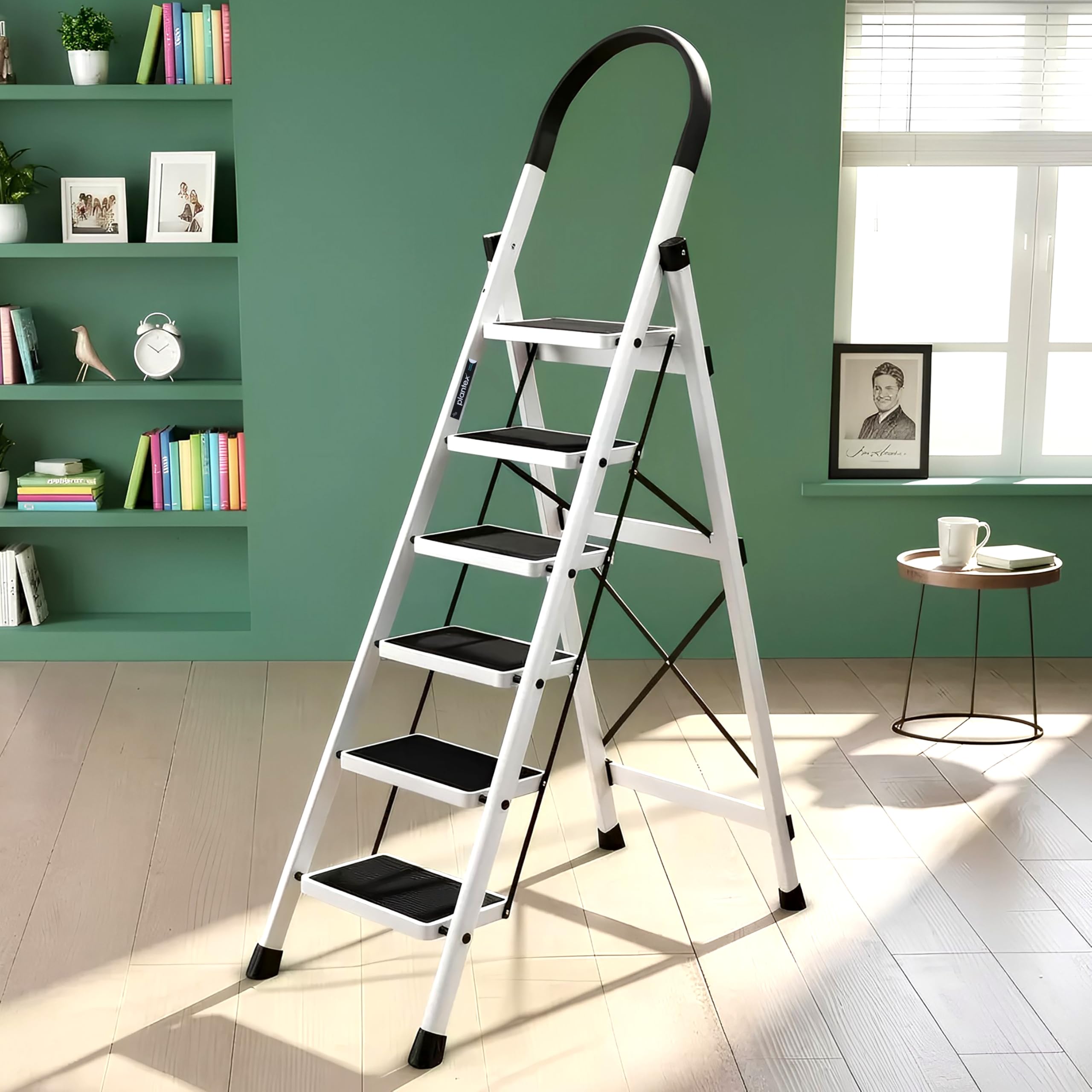 Plantex Ladder for Home 6 Steps/Foldable Ladder with Anti-Skid Wide Steps (30L x 20W cm)/Strong D-Shape Pipe with X-Support for More Stability/5 Year Warranty(Apex-White)