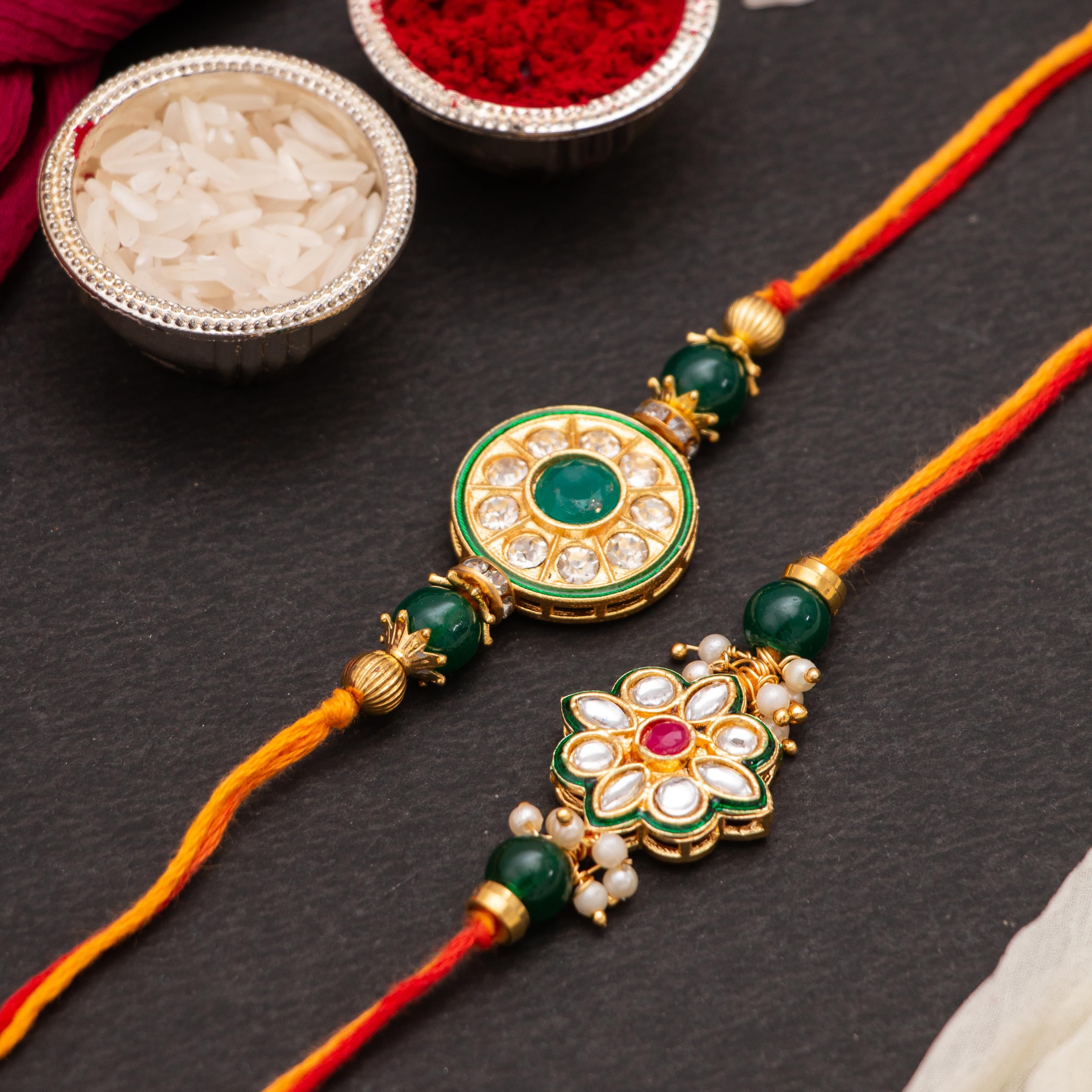 CraftVatika Rakhi for Brother Set of 2 with Fridge Magnet Gift Floral Kundan Rakhis for Bhaiya Bhai Boy Men Raksha Bandhan Designer rakhi Meenakari Rakhis, Rakheei with Fridge Magnet Gift image 2