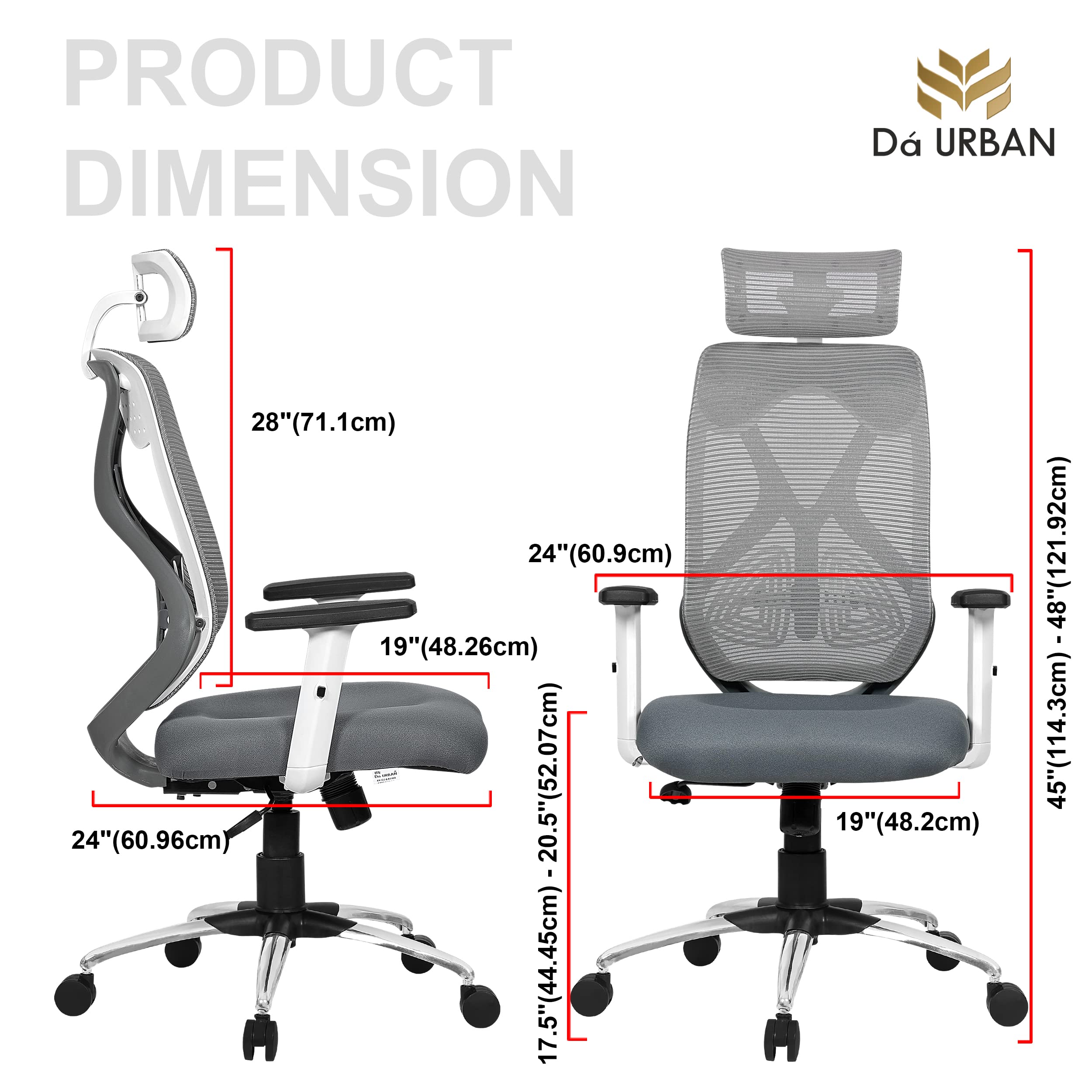 Da URBAN® Merlion Office Chair,High Back Mesh Ergonomic Home Office Desk Chair with 3 Years Warranty, Adjustable Armrests,Adjustable Lumbar Support,Tilt Lock Mechanism (Grey) image 2