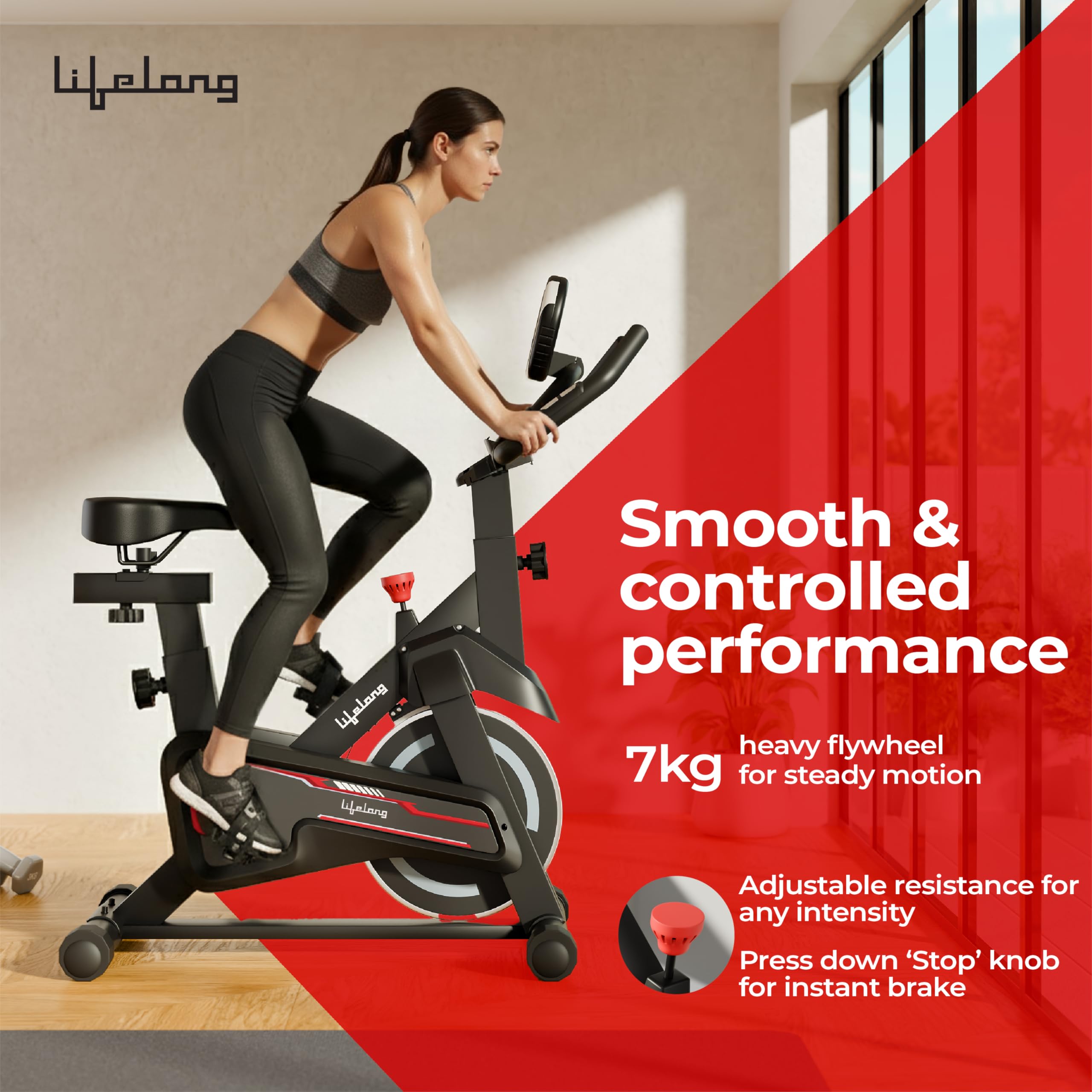 Lifelong Fit Pro Spin Fitness Bike for Home | Exercise Bike for Cardio Workout with 7 KG Flywheel, Adjustable Resistance & LED Display | Cushioned Adjustable Seat | Non-Slip Pedals | Max User Weight 120 KG image 3