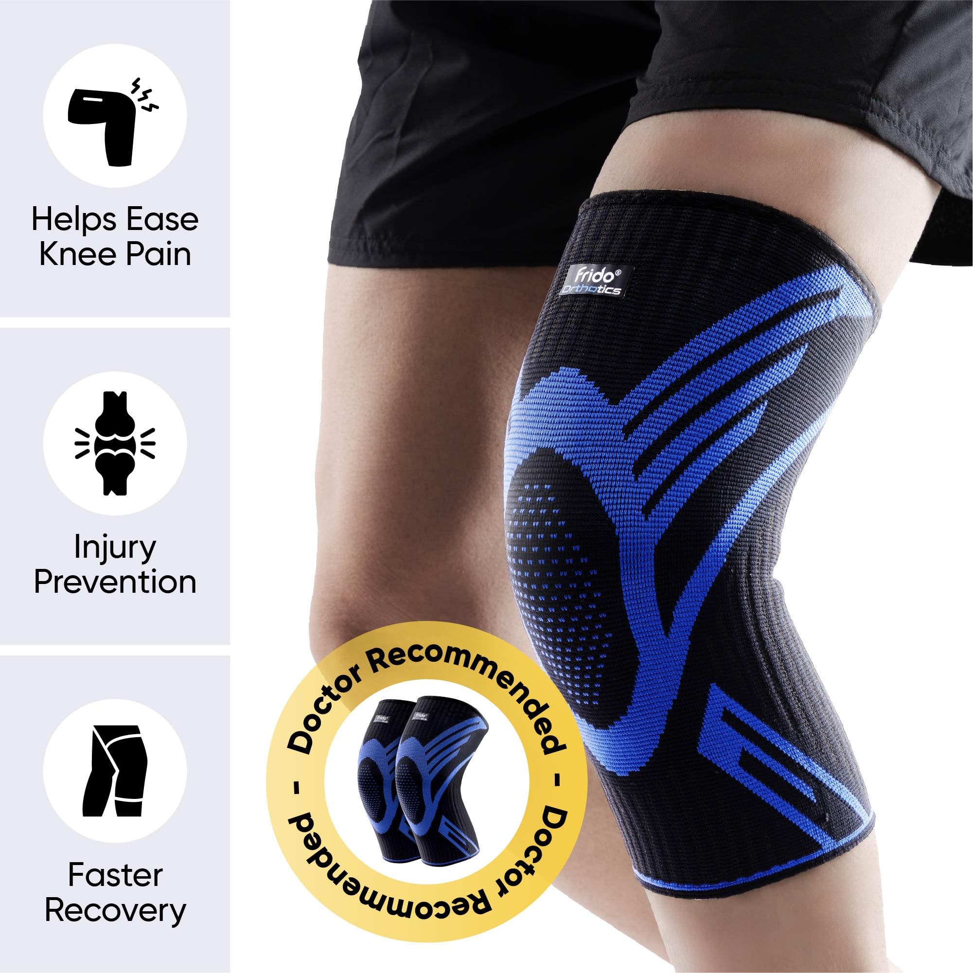 Frido Active Knee Cap Support for Men & Women | Active Compression for Pain Relief & Joint Support | Knee Sleeve for Gym, Running, Jogging, Sports & Workout | Anti-Sweat Knee Brace (1 Pair) Blue, Large image 2