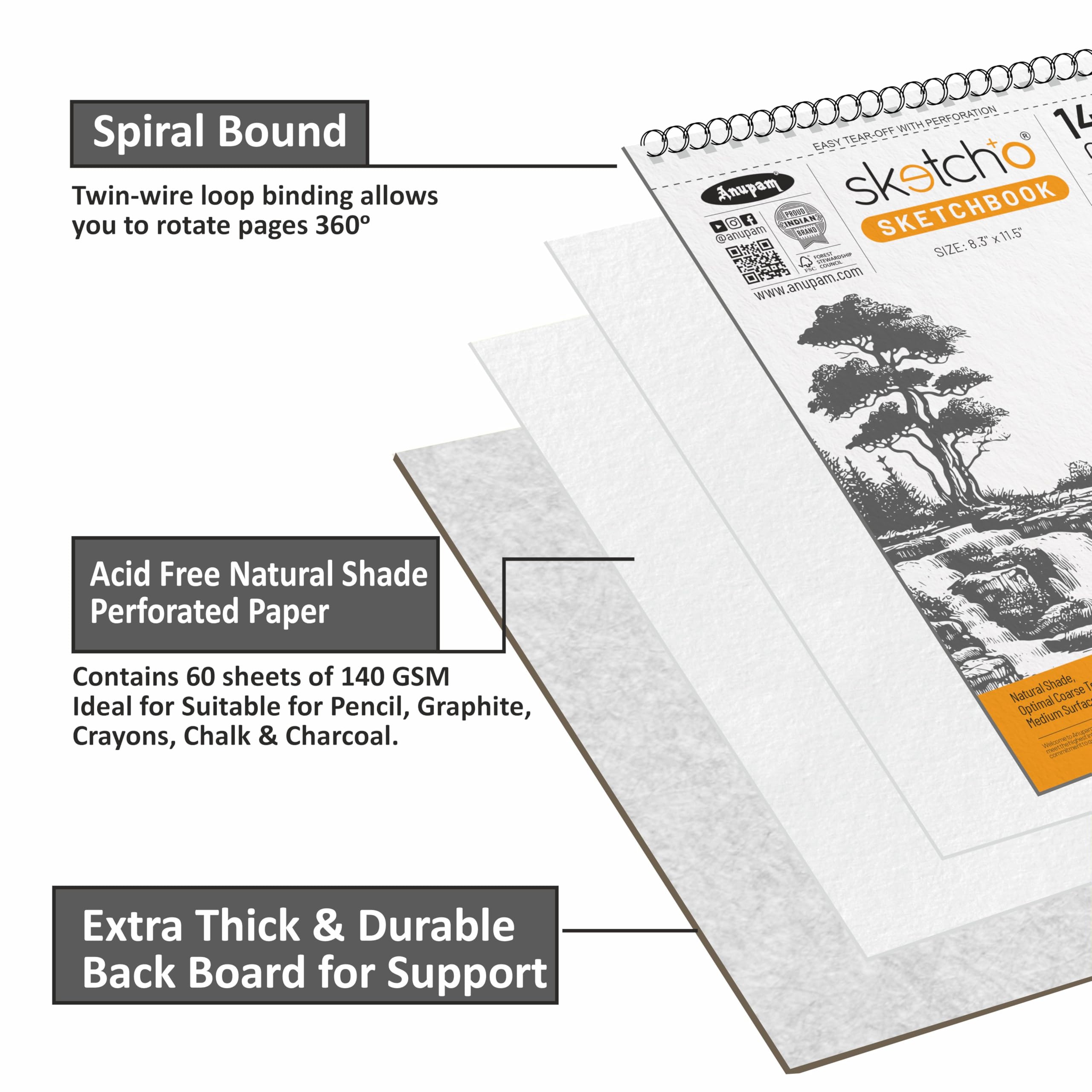 Anupam Sketch-O Sketchbook A5 | 60 Sheet 120 Pages | 140GSM | Durable Acid Free Drawing Paper |Top Spiral-Bound Sketchpad for Artists Kids & Professionals for Marker Colored Pencil Charcoal image 3