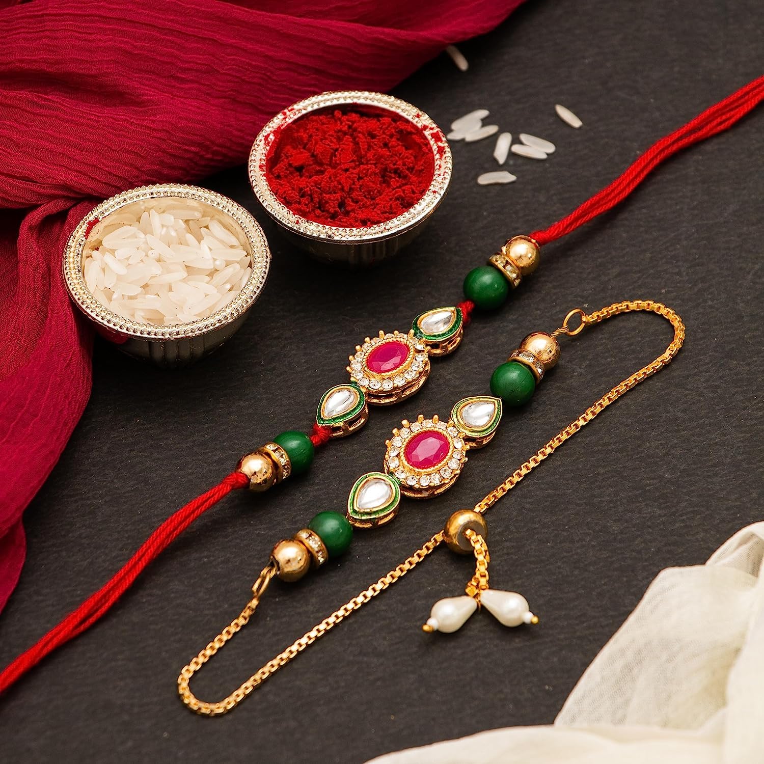 CraftVatika Rakhi Set for Brother and Bhabhi, Lumba Floral Rakhi Kundan Bracelet Rakhis for Bhaiya Bhabhi Rakhis for Rakshabandhan Couple Pearl Set of 2 with Fridge Magnet Gift image 2