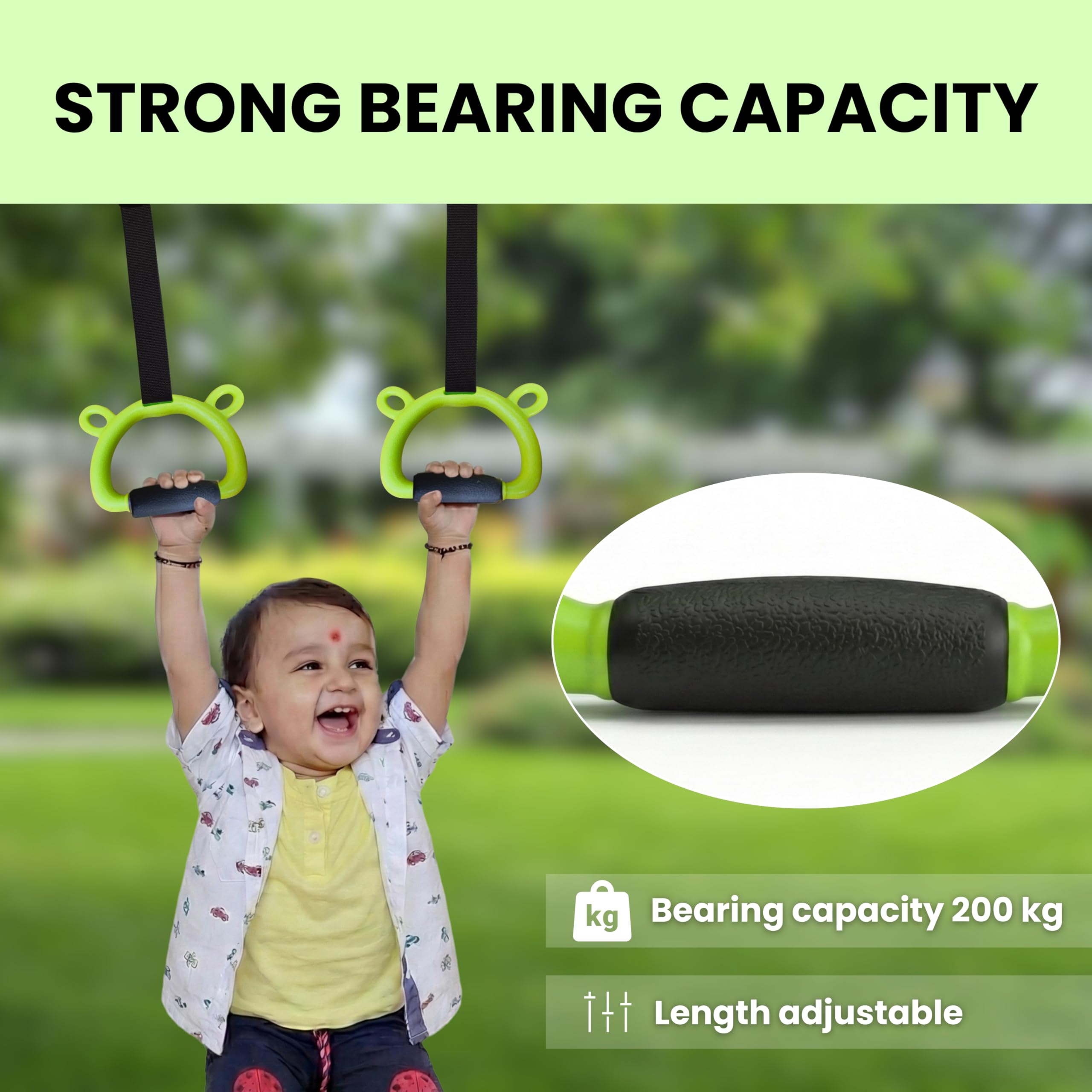 TechHark® Kids Gymnastic Rings with 11.5 Ft Adjustable Straps, Lime Green Bear Design, Up to 200Kg Capacity, Silicone Grip, Home Fitness Equipment for Children and Teens Training image 4