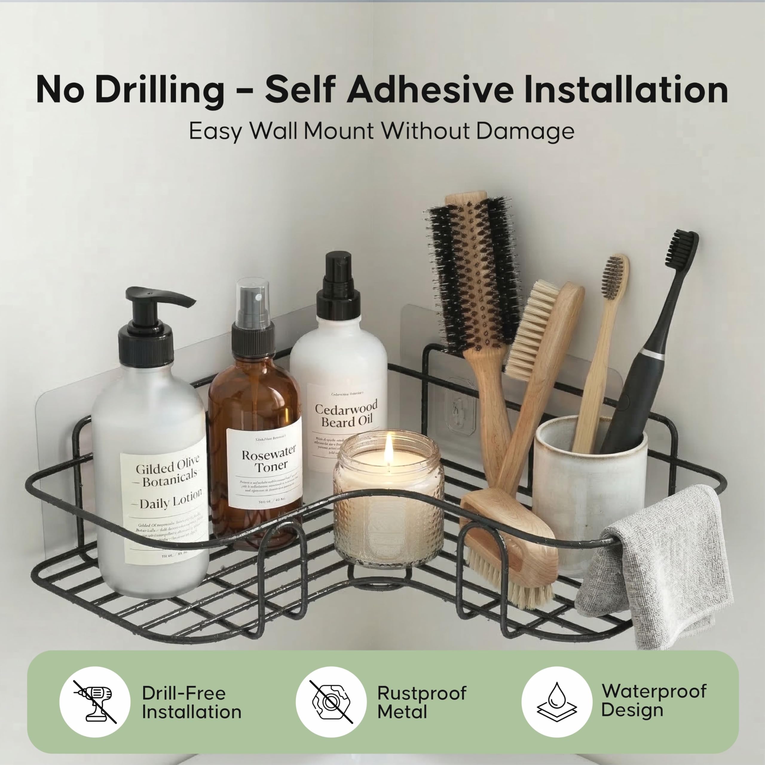 DALUCI Set of 2 Metal Bathroom Corner Shelf Rack | No Drilling Self Adhesive Wall Mounted Storage Organizer for Bathroom & Kitchen | Rustproof Bathroom Shelves (8 & 9 INCH, Black) image 4