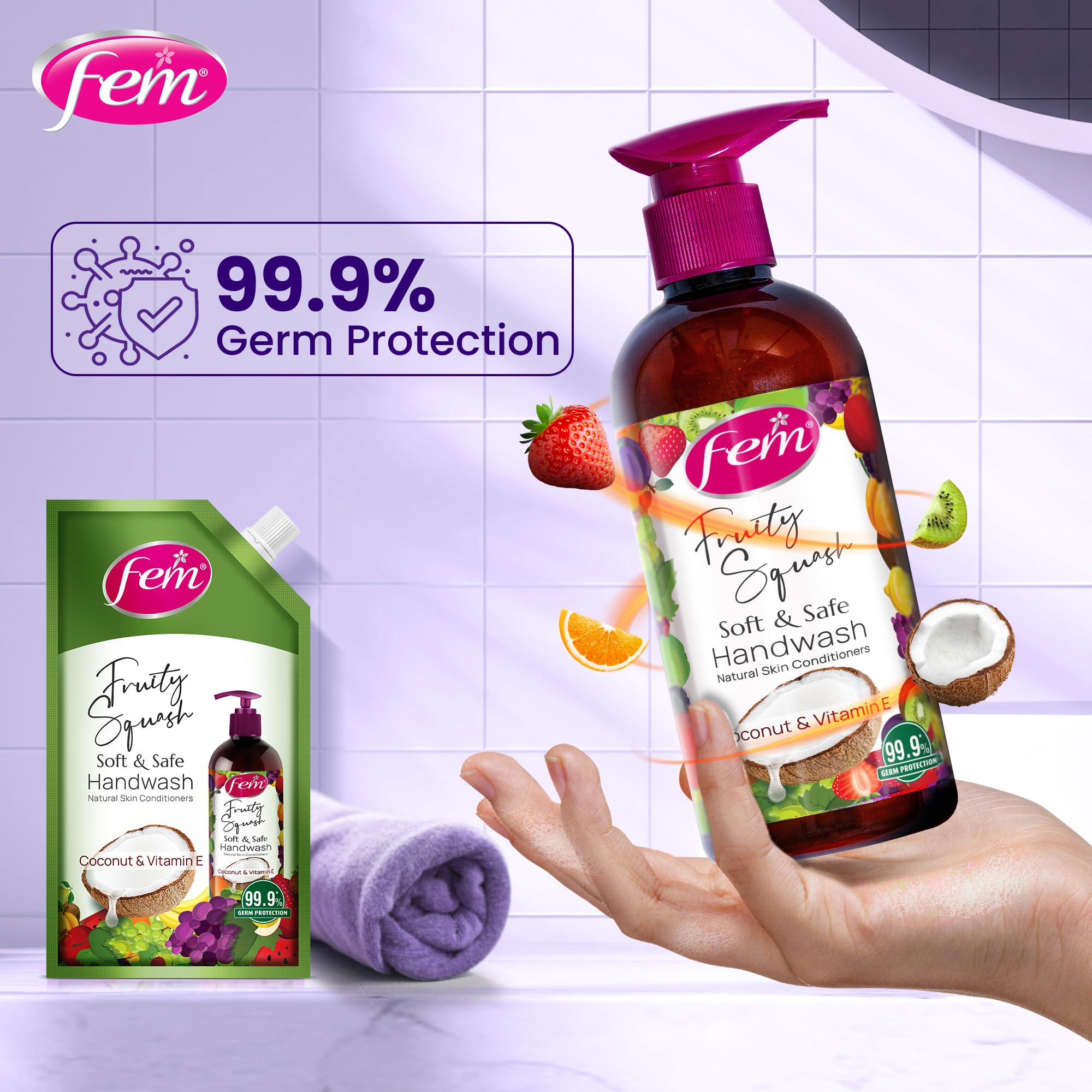 DABUR Fem Fruity Squash Soft & Safe Handwash - 1500Ml | Germ Protection | Enriched With Goodness Of Coconut Milk & Vitamin E | Long Lasting Fragrance image 2
