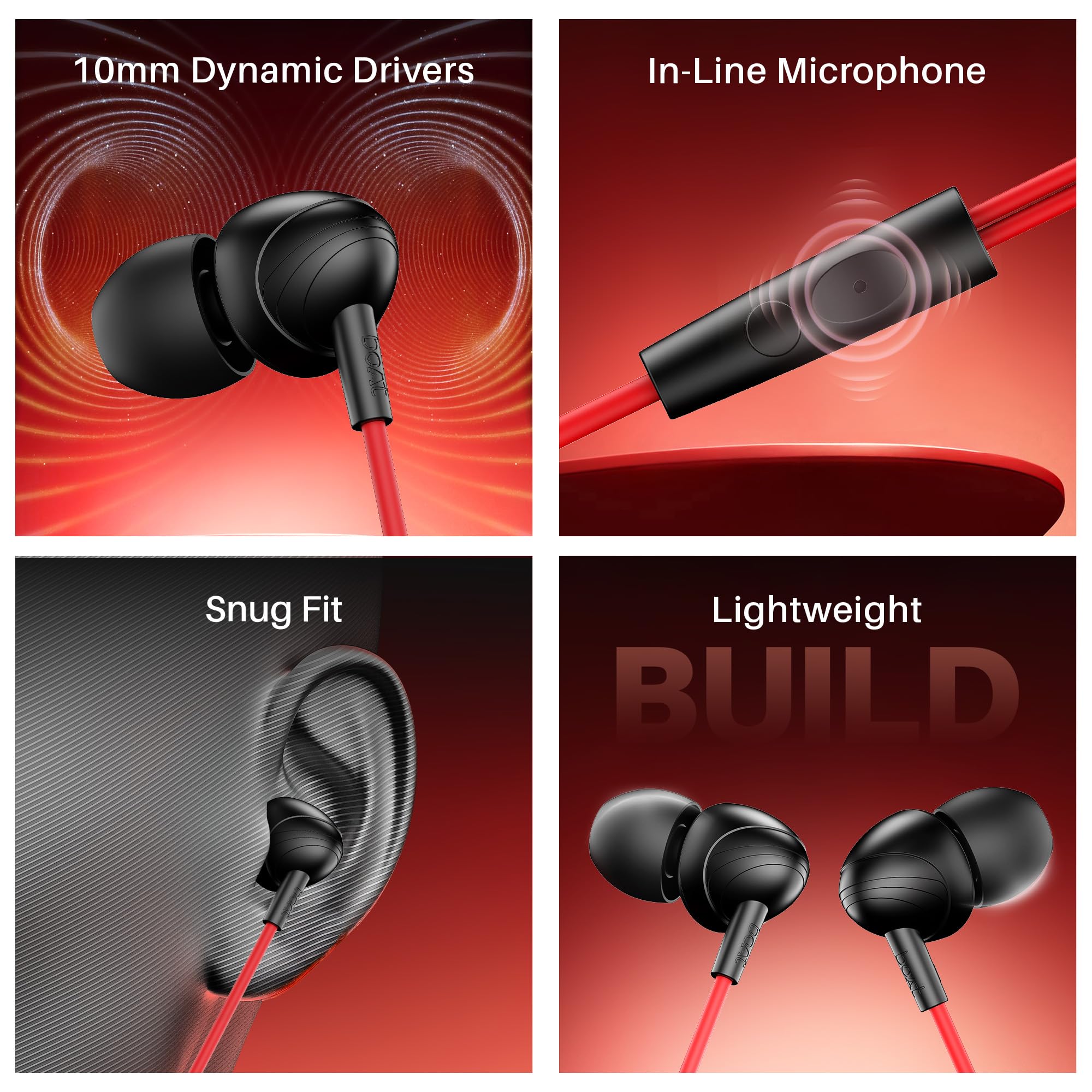 boAt Bassheads 211 Wired Earphones with 10mm Drivers, Signature Sound, in-Line Microphone, 3.5mm Jack, Voice Assistant & 120cm Cables (Raging Black) image 2