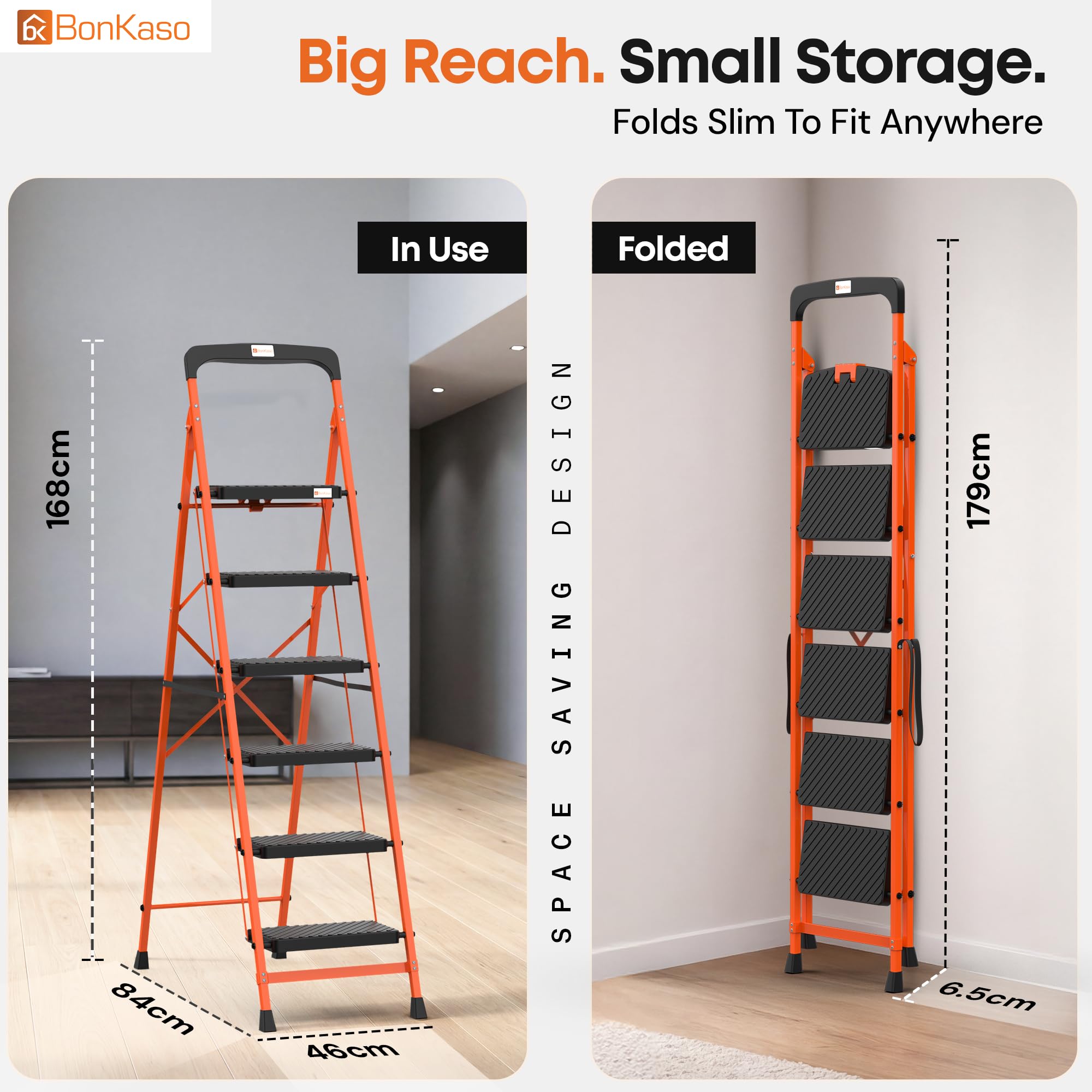 BonKaso Climb Easy 6 Step Heavy Duty Foldable Steel Kitchen Ladder for Home, Office & Outdoor Use with Anti-Slip Wide Durable Plastic Steps, Support Handle & Tool Tray (Orange & Black) image 3