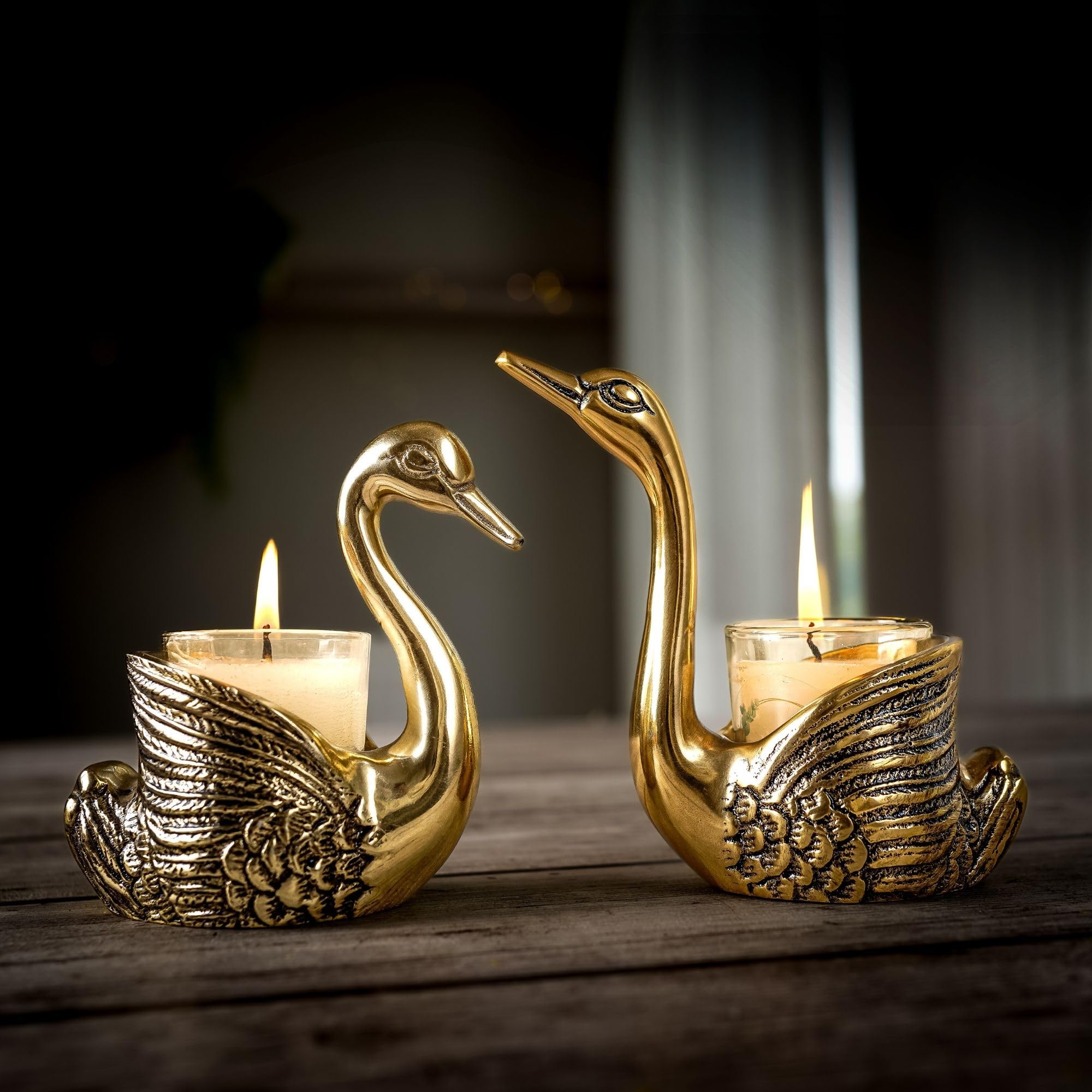 BEHOMA Aluminium Pair of Swans for Good Luck | Feng Shui Love Gifts Candle Holder for Home Decor Living Room | Showpiece Wedding Gift for Valentine's Day for Couple (Candles not Included) Gold image 2