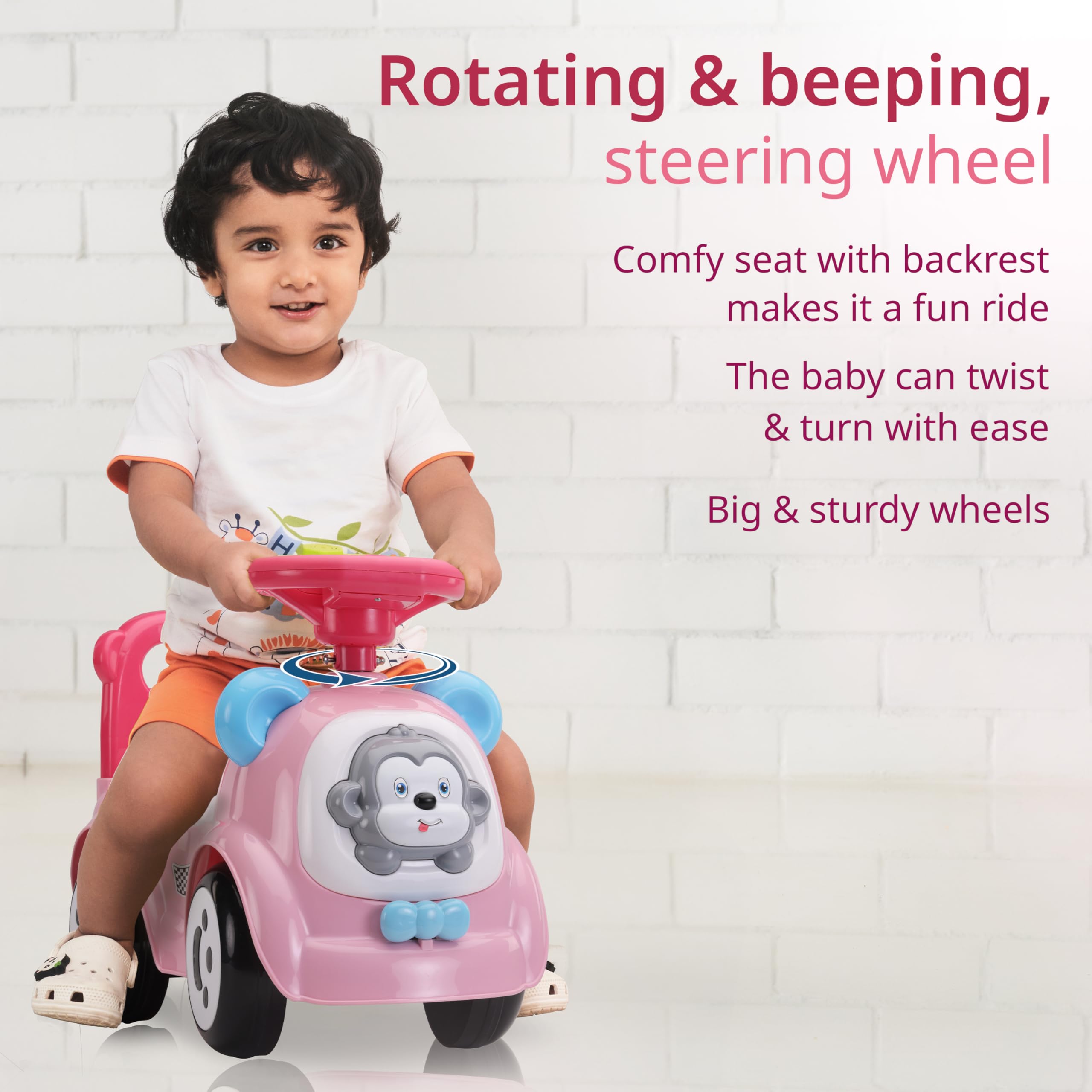 LuvLap Sunny Ride on & Car for Kids with Music & Horn Steering, Safety Guard, Under Seat Storage & Big Wheels, Ride on for Kids 1 to 3 Years Upto 25 Kgs (Pink) image 3