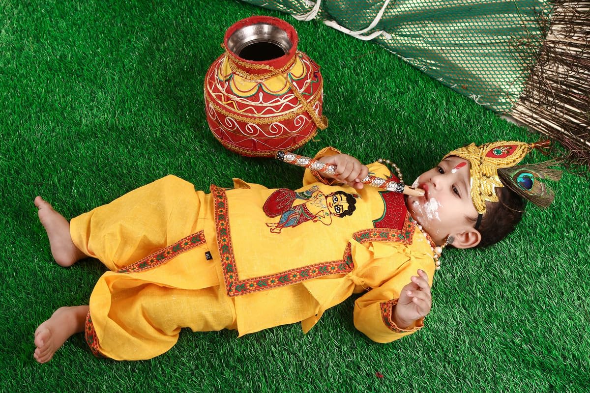 Kids Krishna Costume Set for Boys & Girls | Bal Gopal Kanha Janmashtami Fancy Dress with Dhoti, Patka, Pagri, Mor Pankh, Bansuri & Jewellery image 3