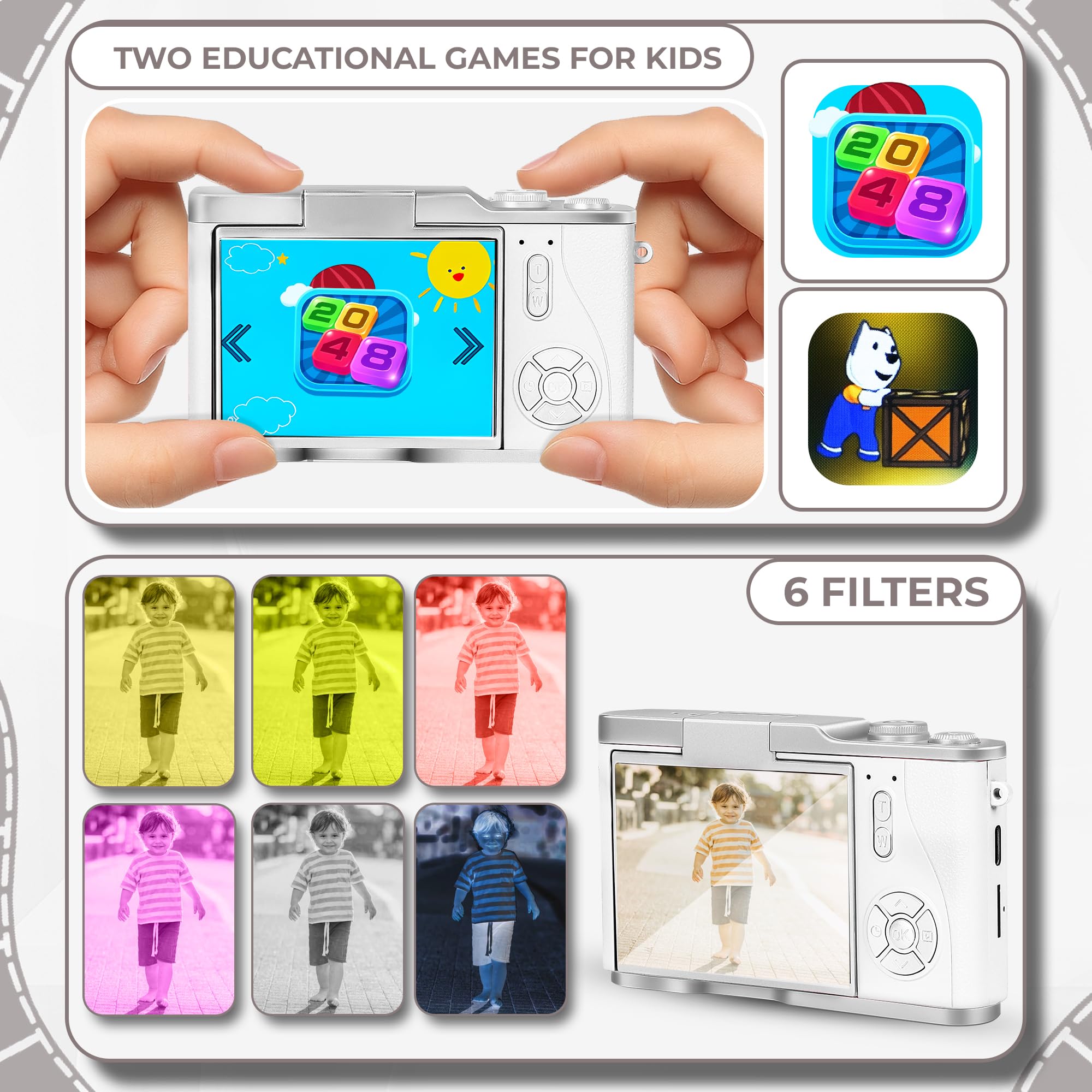 Cason 48MP Digital Camera for Kids & Adults -Real Photo & Video Mini Camera for Photography 2.4” Rotating Screen, Built in Games Kids Cameras for 5-15 Years Girls & Boys with 8 GB Sd Card -(White) image 3