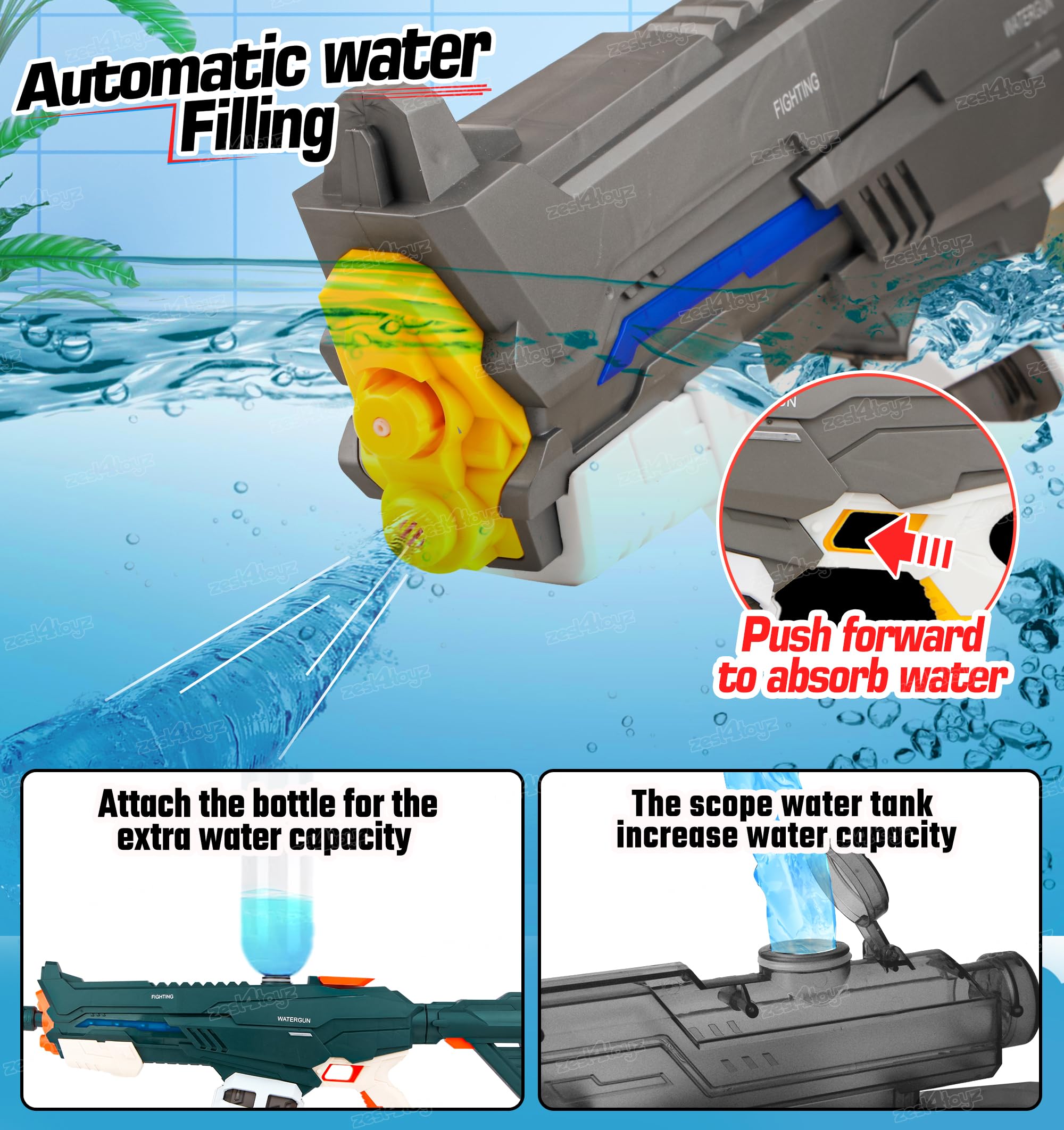 Zest 4 Toyz Holi Electric Pichkari Water Blaster Gun for Kids Long-Range Shooting Electric Continuous Firing Leakproof Water Tank Rechargeable Water Gun for Boys and Girls- Assorted image 5