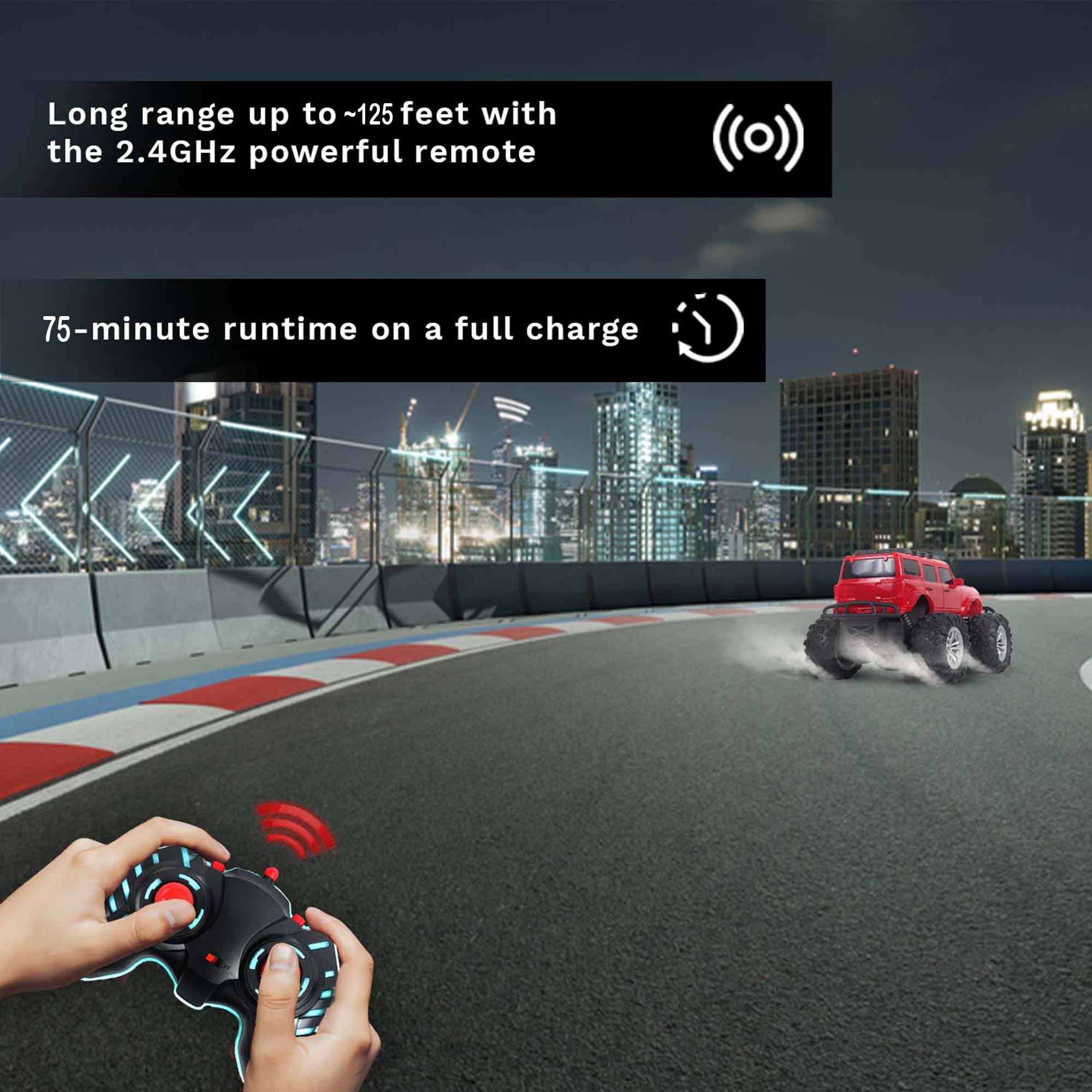 popsugar Off Roader Rechargeable Remote Control Car | RC Car Monster Truck | 4 Headlight Modes | Lithium Battery | C-Type Charging | 2.4GHz Remote Controller | Made in India, Red image 4