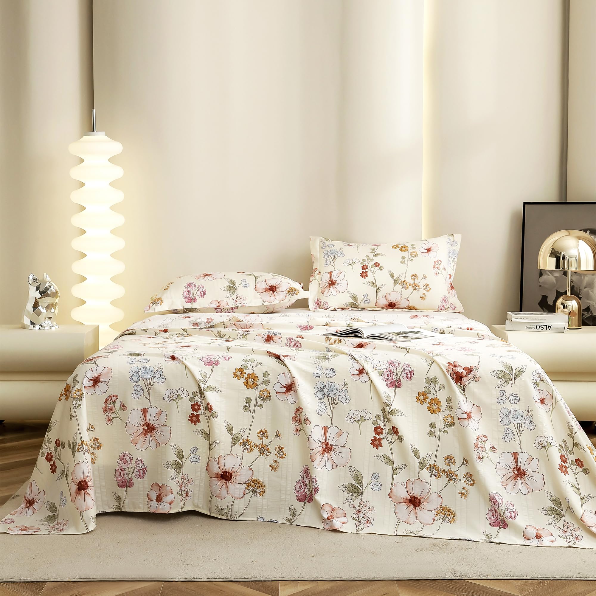 Story@Home King Size Bedsheet | Cloud Cotton Flatsheet King Size with Two Pillow Covers| Super Soft Bed Sheet for King Size Bed | Floral Design (270 x 250 cm, Off White & Red) image 2