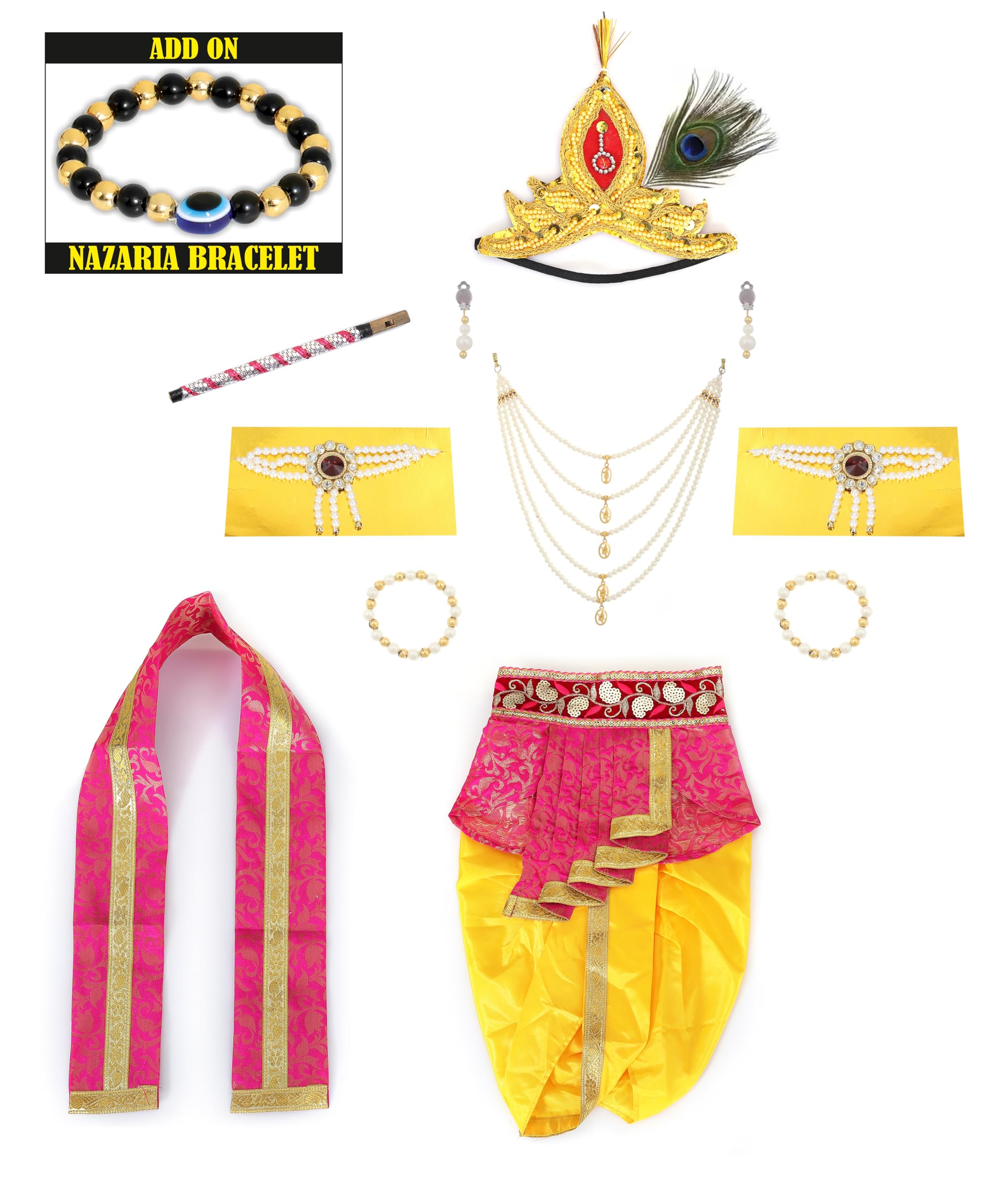Raj Fancy Dresses Luxury Krishna Pagri for Kids Boys & Girls | Bal Gopal Kanha Janmashtami Turban with 3 Mor Pankh & Pearl Work | Fancy Dress, School Function & Photoshoot Headgear | Only Pagri image 3