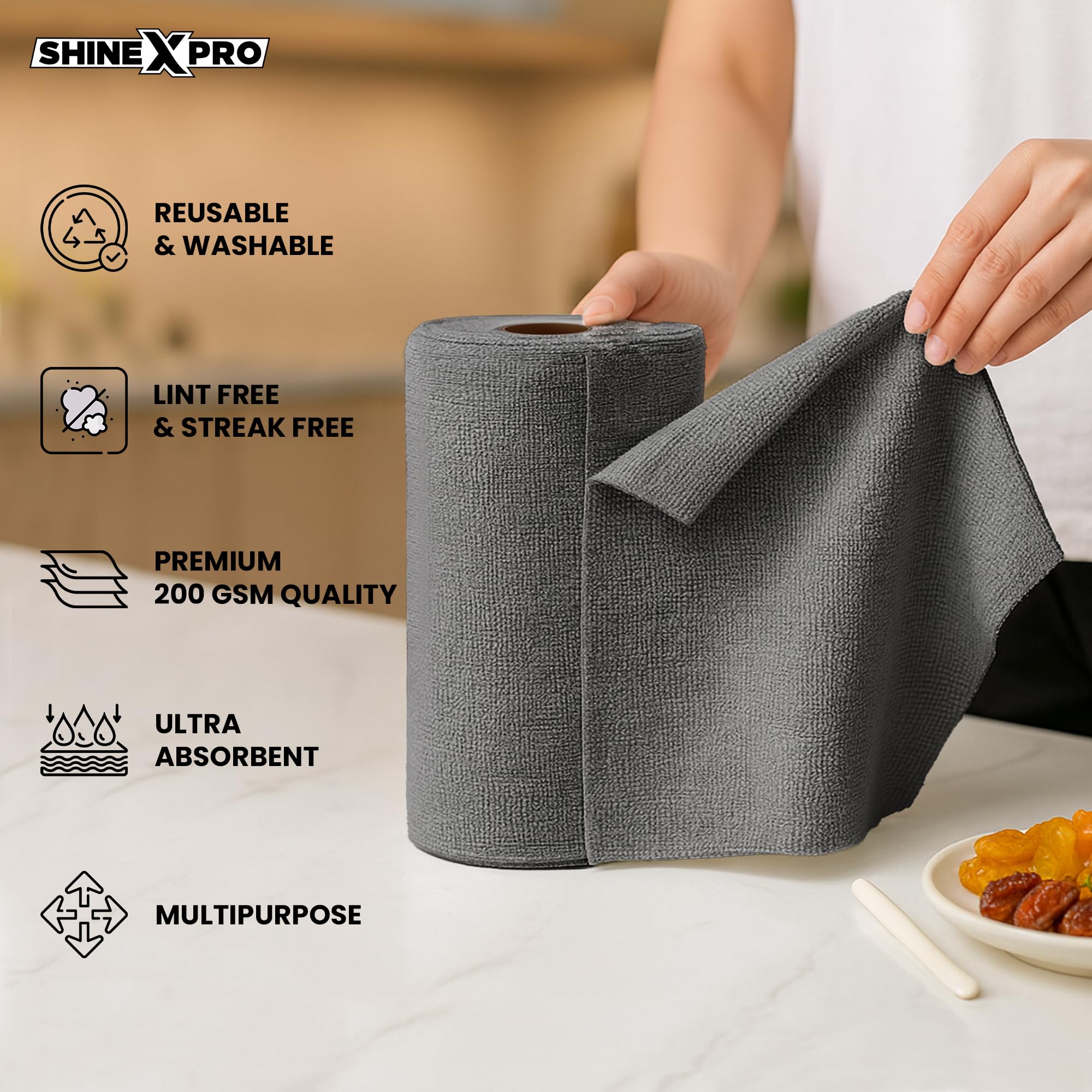 ShineXPro Microfiber Cleaning Cloth Roll, 20Pcs, 4000 Times Washable - 10X Cheaper Than Paper Kitchen Towel Roll - Ultra Absorbent Lint Free Microfiber Cleaning Cloth for Kitchen - Tearable image 2