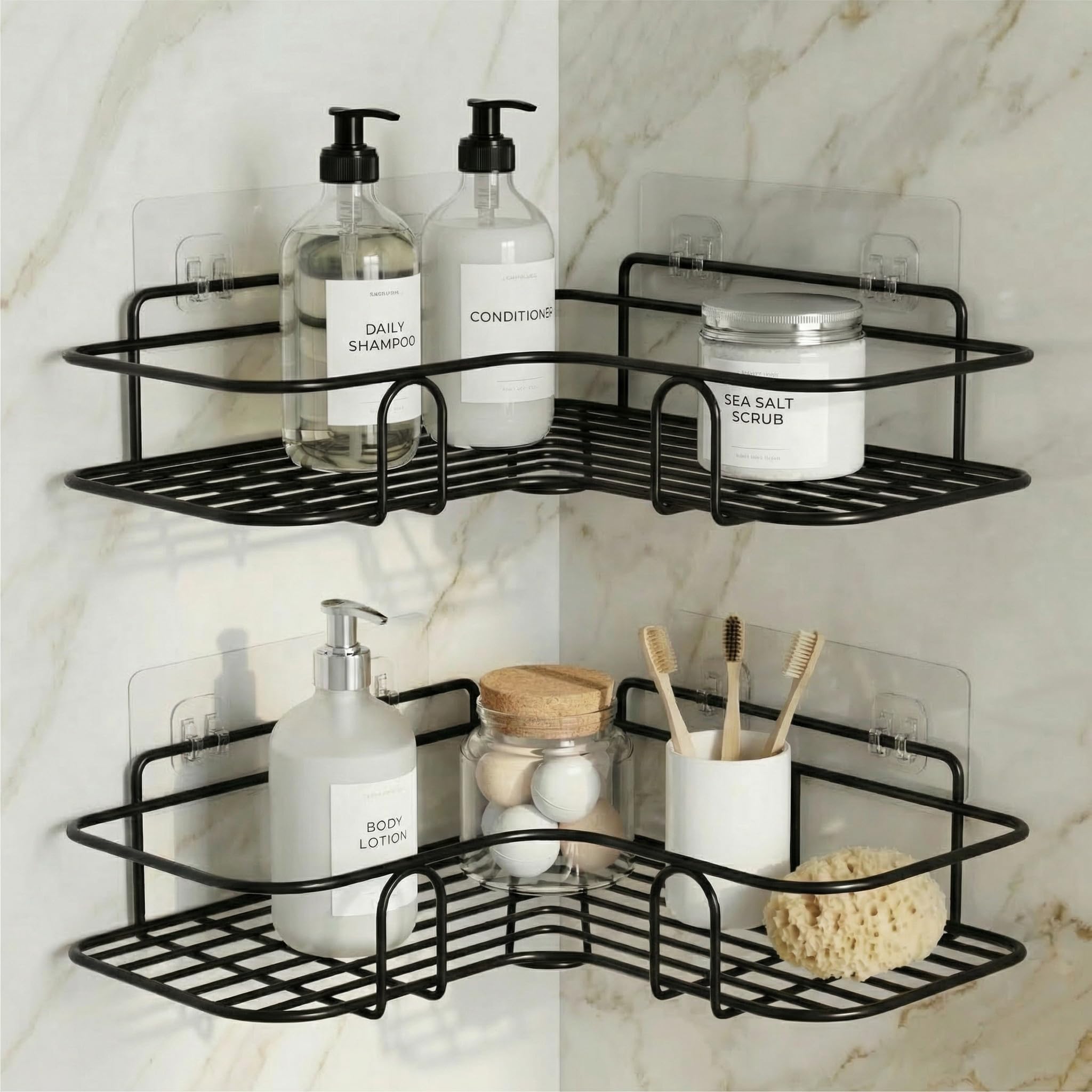 DALUCI Set of 2 Metal Bathroom Corner Shelf Rack | No Drilling Self Adhesive Wall Mounted Storage Organizer for Bathroom & Kitchen | Rustproof Bathroom Shelves (8 & 9 INCH, Black)
