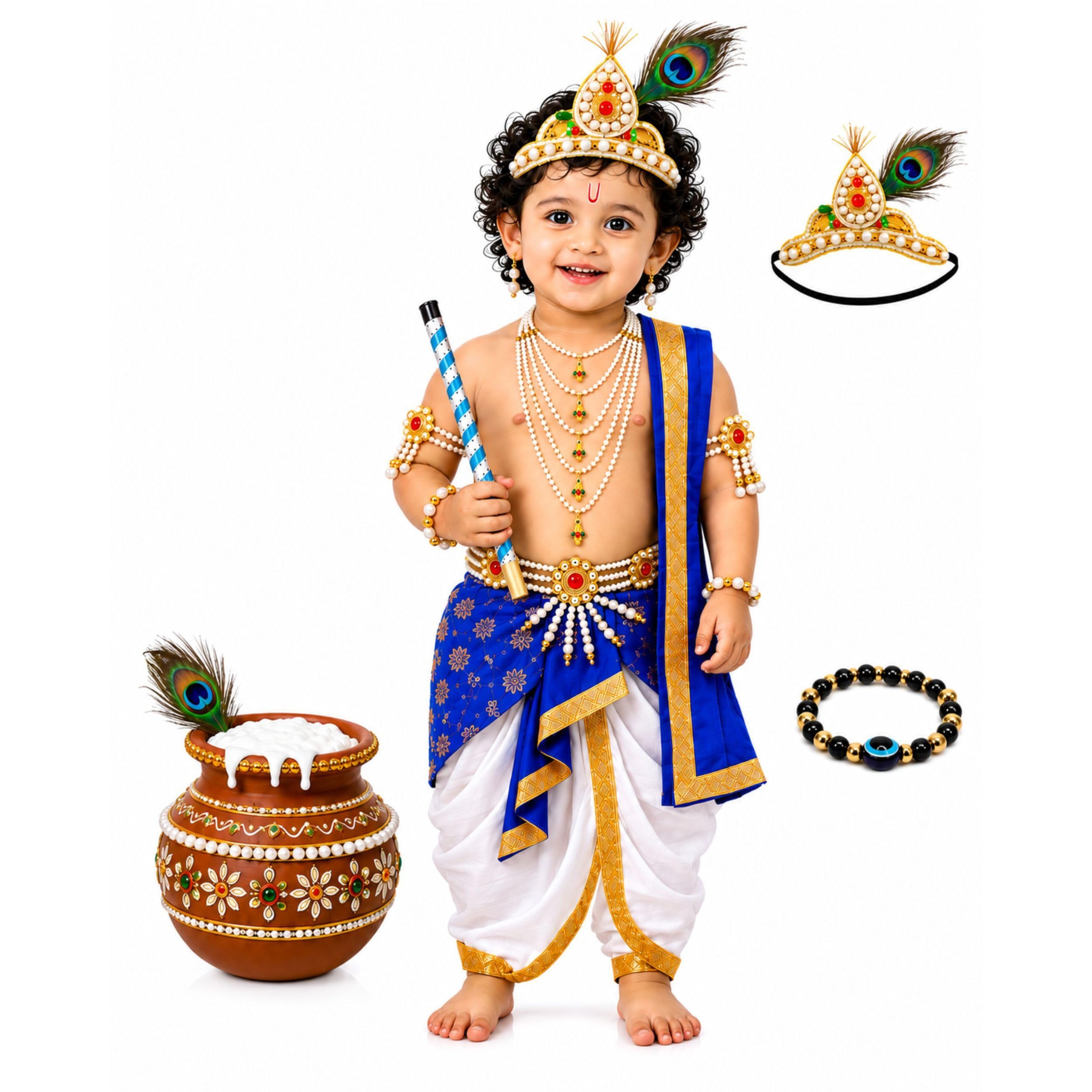Raj Costume Shri Krishna Dress for Kids, Bal Krishna Costume for Baby Boy and Girl, Janmashtami Fancy Dress Costume, Krishna Dress for Kids