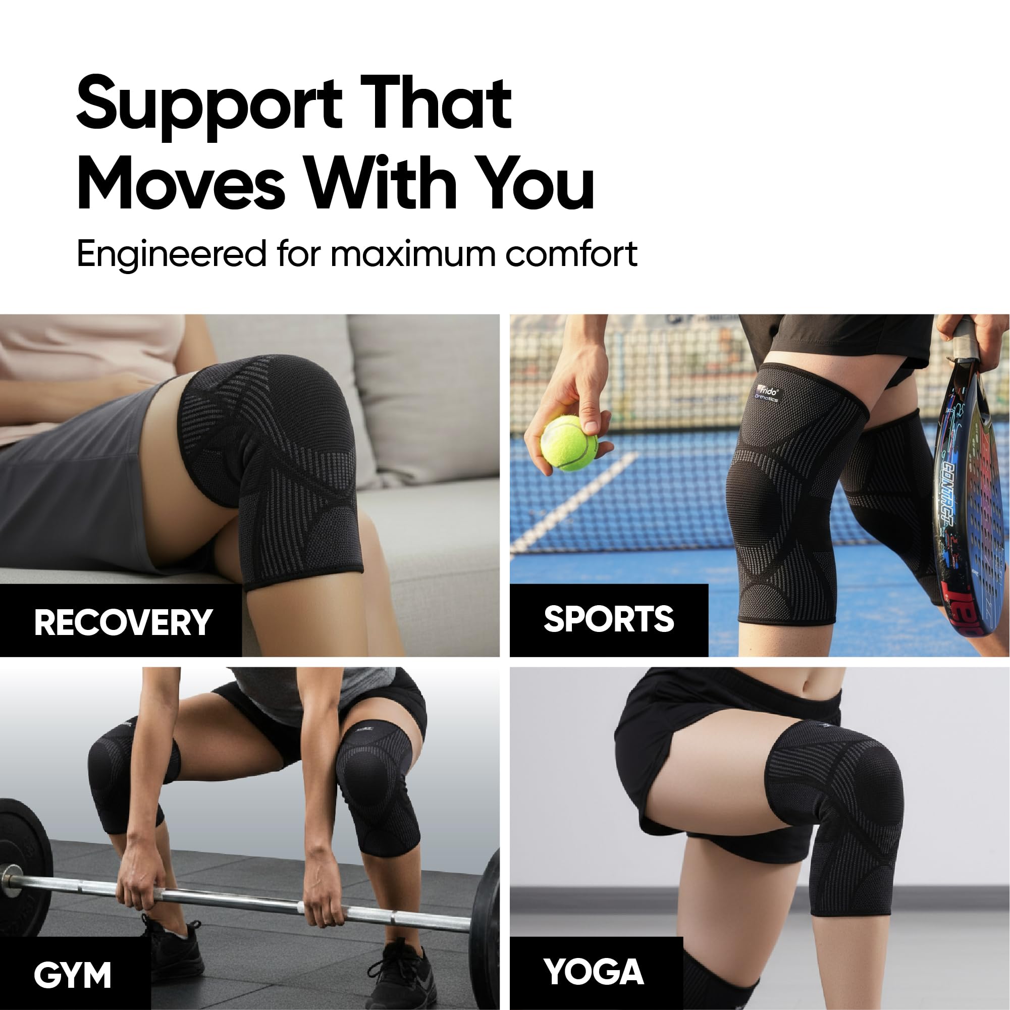 Frido Active Knee Cap Support for Men & Women | Active Compression for Pain Relief & Joint Support | Knee Sleeve for Gym, Running, Jogging, Sports & Workout | Anti-Sweat Knee Brace (1 Pair) Core Black, M image 5