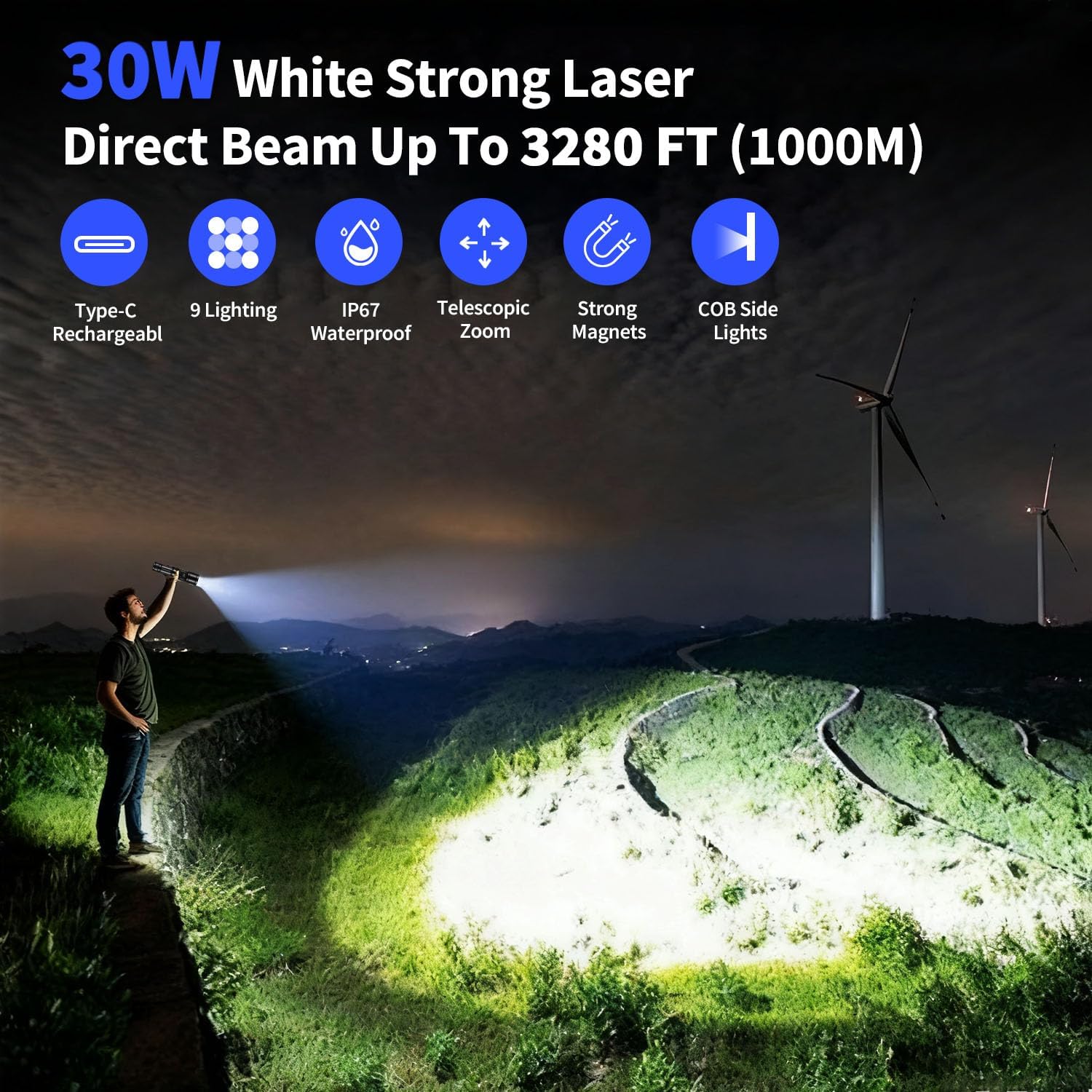 Svoko Torch Light High Power Rechargeable, IP67 Waterproof Led Charging Flashlight High Beam 2km Long Range with 9 Light Modes, Magnetic, Adjustable Portable Powerful Torchlight for Camping, Outdoor image 2