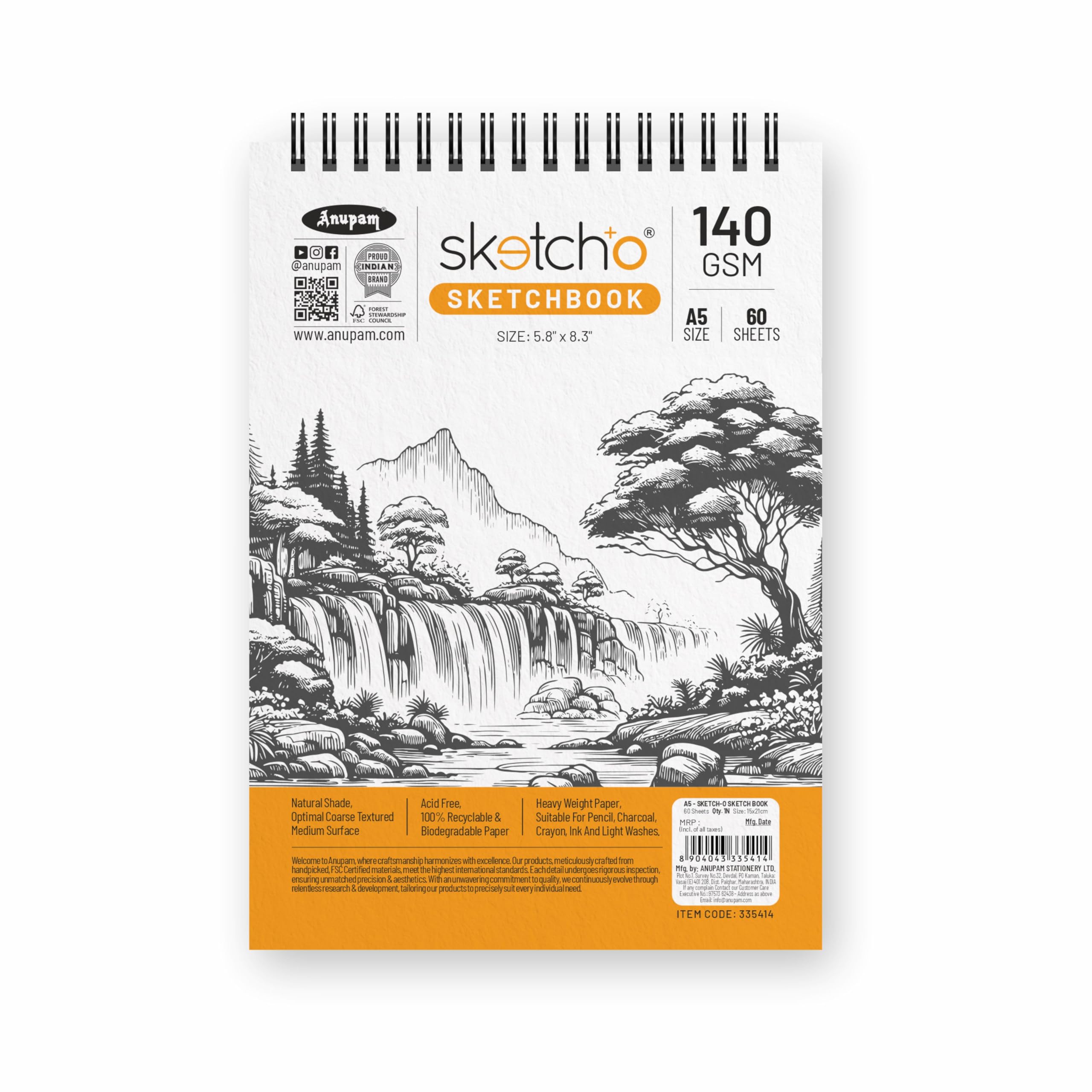 Anupam Sketch-O Sketchbook A5 | 60 Sheet 120 Pages | 140GSM | Durable Acid Free Drawing Paper |Top Spiral-Bound Sketchpad for Artists Kids & Professionals for Marker Colored Pencil Charcoal