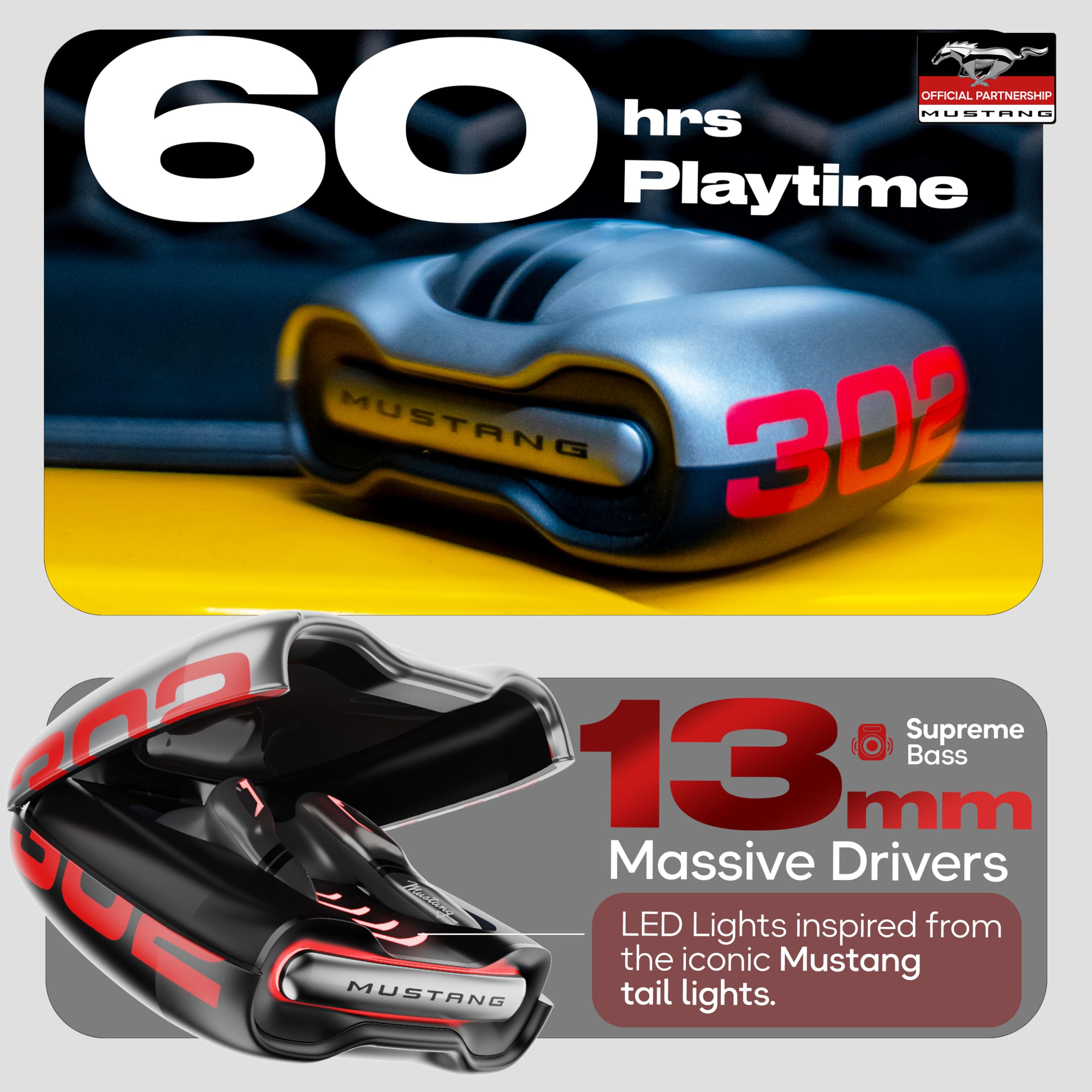 GOBOULT x Mustang Torq Wireless in Ear Earbuds with 60H Playtime, App Support, Quad Mic ENC, 45ms Low Latency, 13mm Driver, Breathing LEDs, Made in India Ear Buds Wireless (Silver) image 3