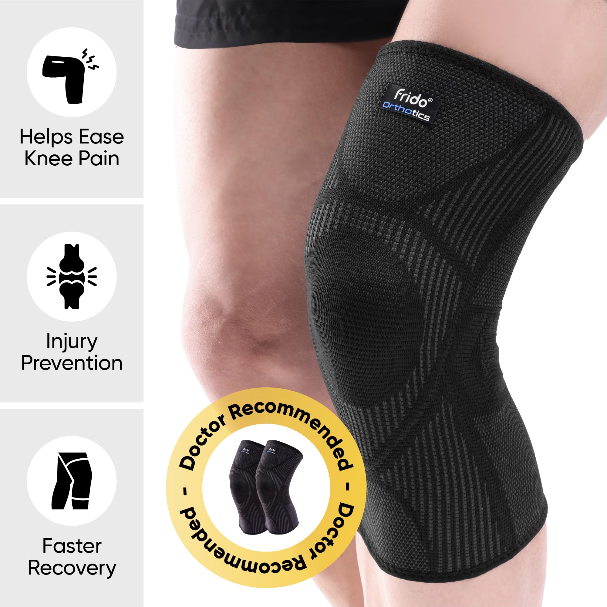 Frido Active Knee Cap Support for Men & Women | Active Compression for Pain Relief & Joint Support | Knee Sleeve for Gym, Running, Jogging, Sports & Workout | Anti-Sweat Knee Brace (1 Pair) Core Black, M image 2