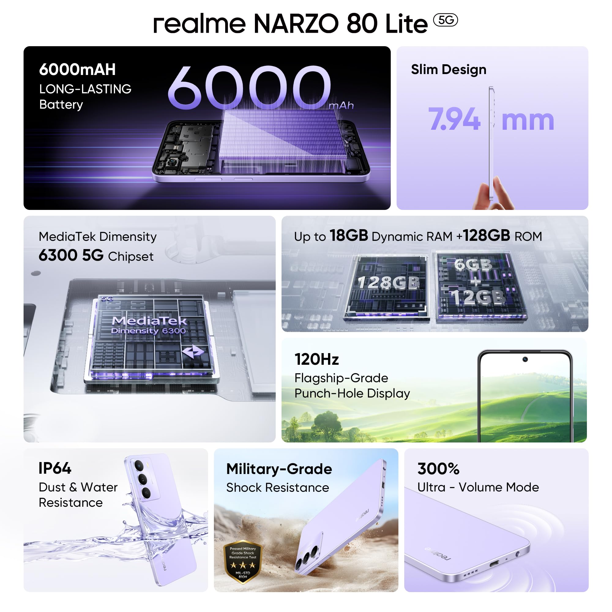realme NARZO 80 Lite 5G (Crystal Purple, 4GB+128GB) | 6000mAh Long-Lasting Battery | MediaTek Dimensity 6300 5G | AI Assist | IP64 Rated Water & Dust Resistance | Military-Grade Durability image 2